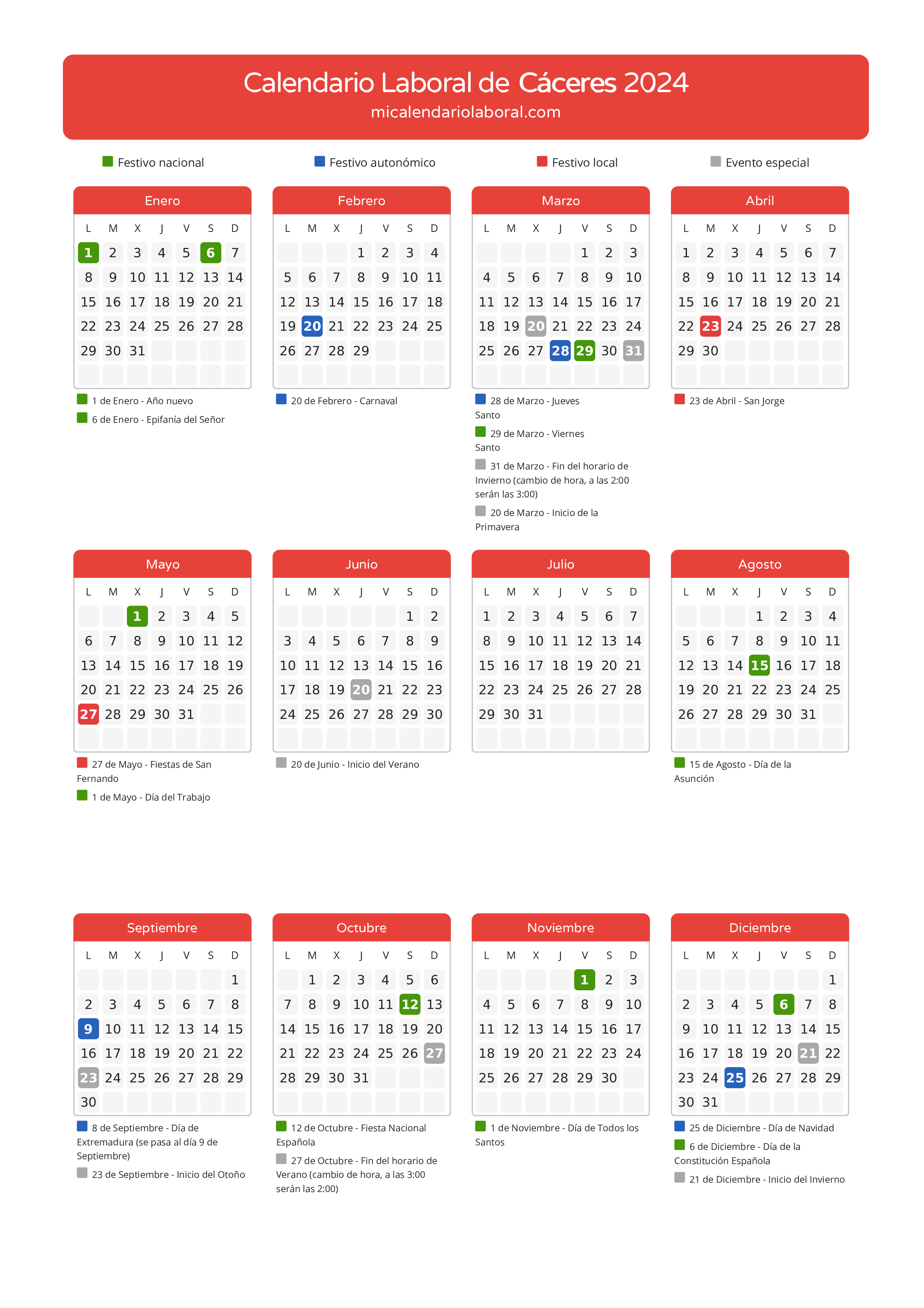 Calendario Laboral de Cáceres 2024 - Días festivos - Aquí tienes todos los días festivos, no laborables y días inhábiles de la provincia del calendario de Cáceres del año 2024