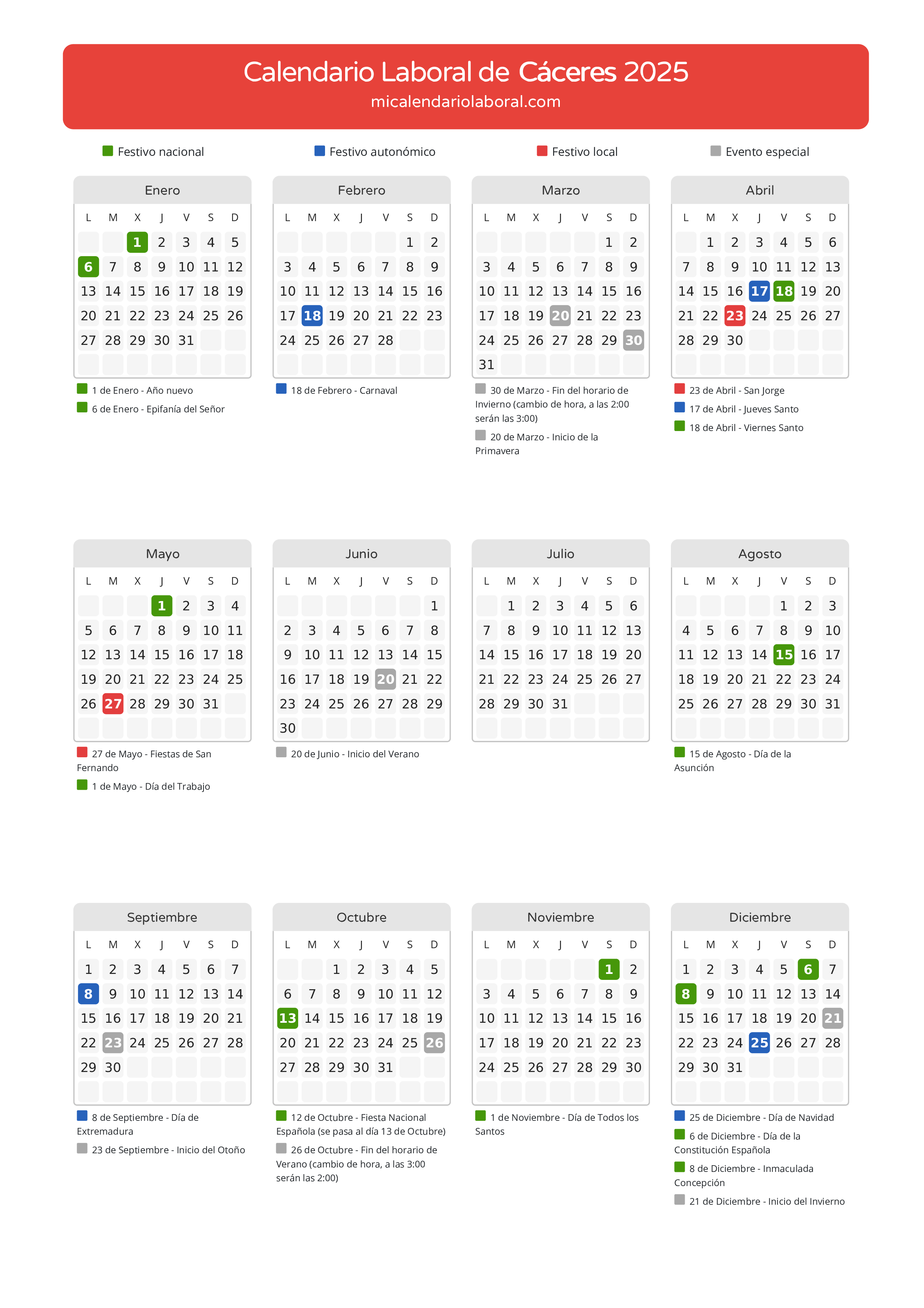 Calendario Laboral de Cáceres 2025 - Días festivos - Aquí tienes todos los días festivos, no laborables y días inhábiles de la provincia del calendario de Cáceres del año 2025