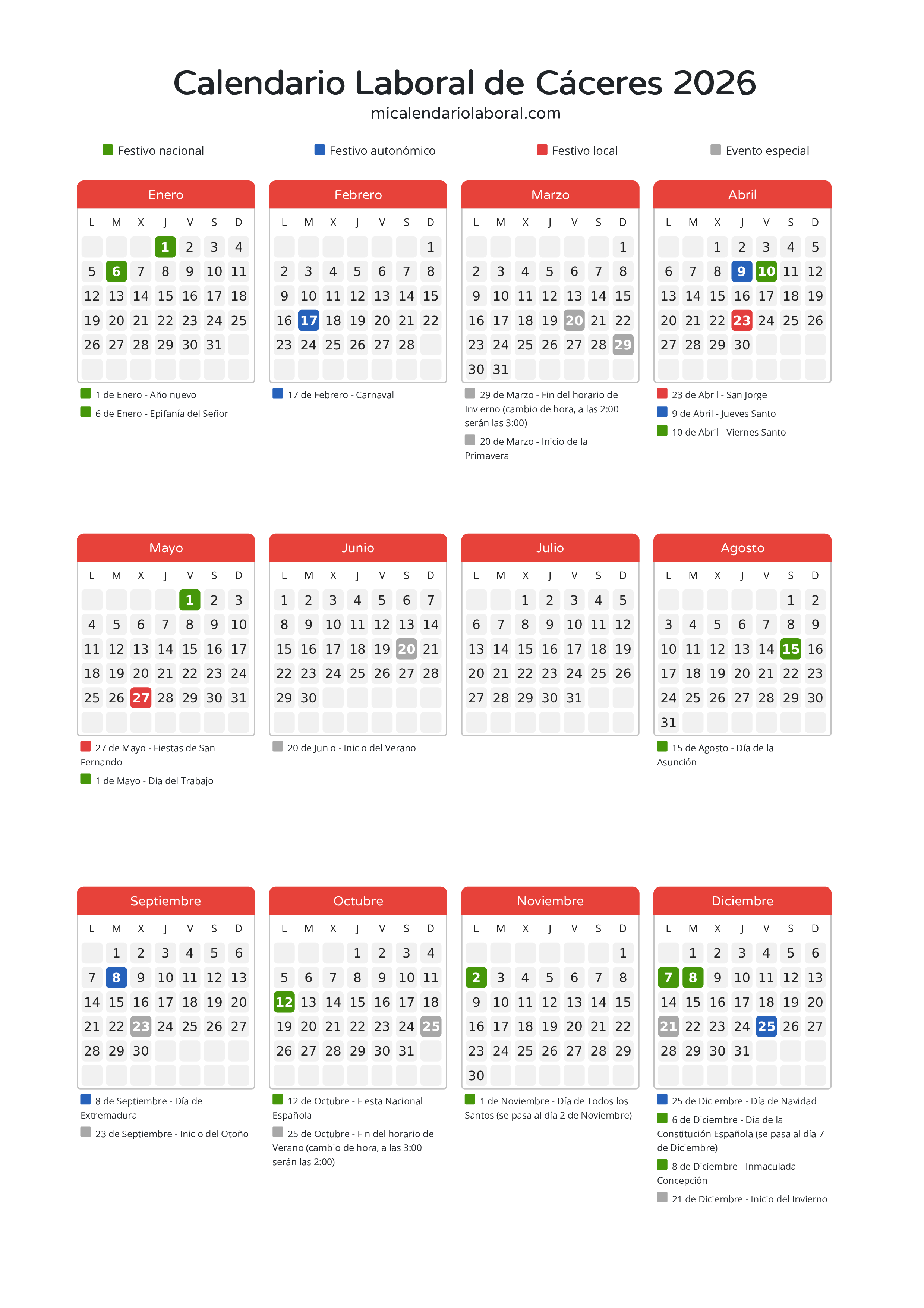 Calendario Laboral de Cáceres 2026 - Días festivos - Descubre todos los festivos, días no laborables y días inhábiles en el calendario de Cáceres propuestos por Junta de Extremadura. Organiza tus vacaciones y puentes en 2026.