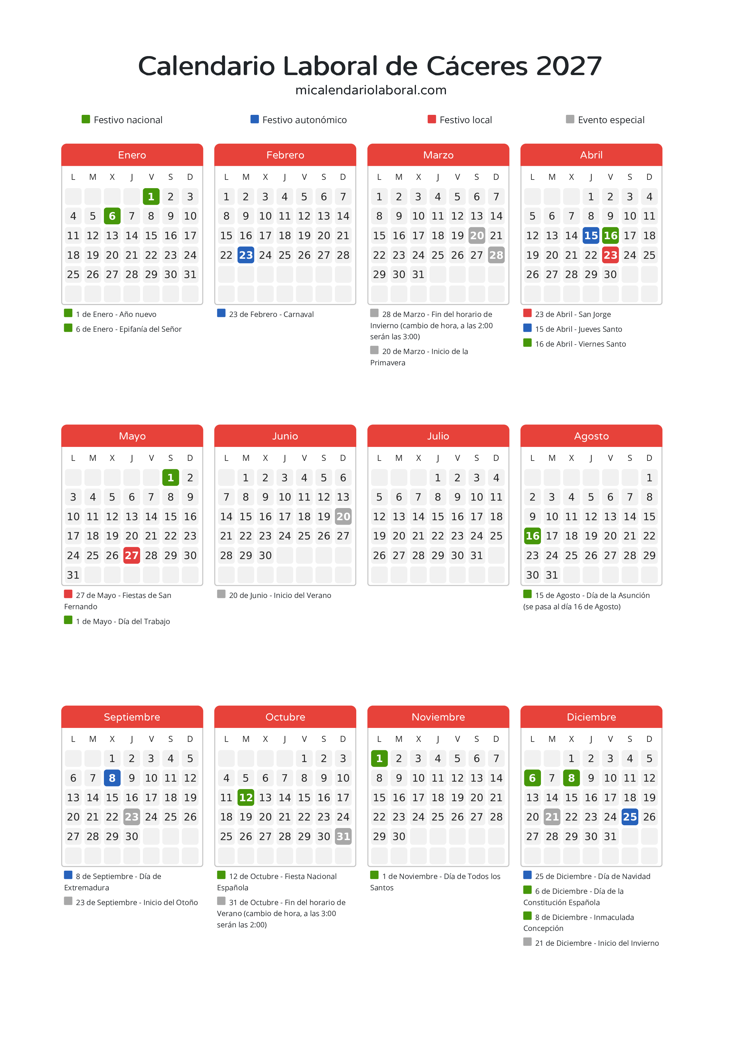 Calendario Laboral de Cáceres 2027 - Días festivos - Descubre todos los festivos, días no laborables y días inhábiles en el calendario de Cáceres propuestos por Junta de Extremadura. Organiza tus vacaciones y puentes en 2027.