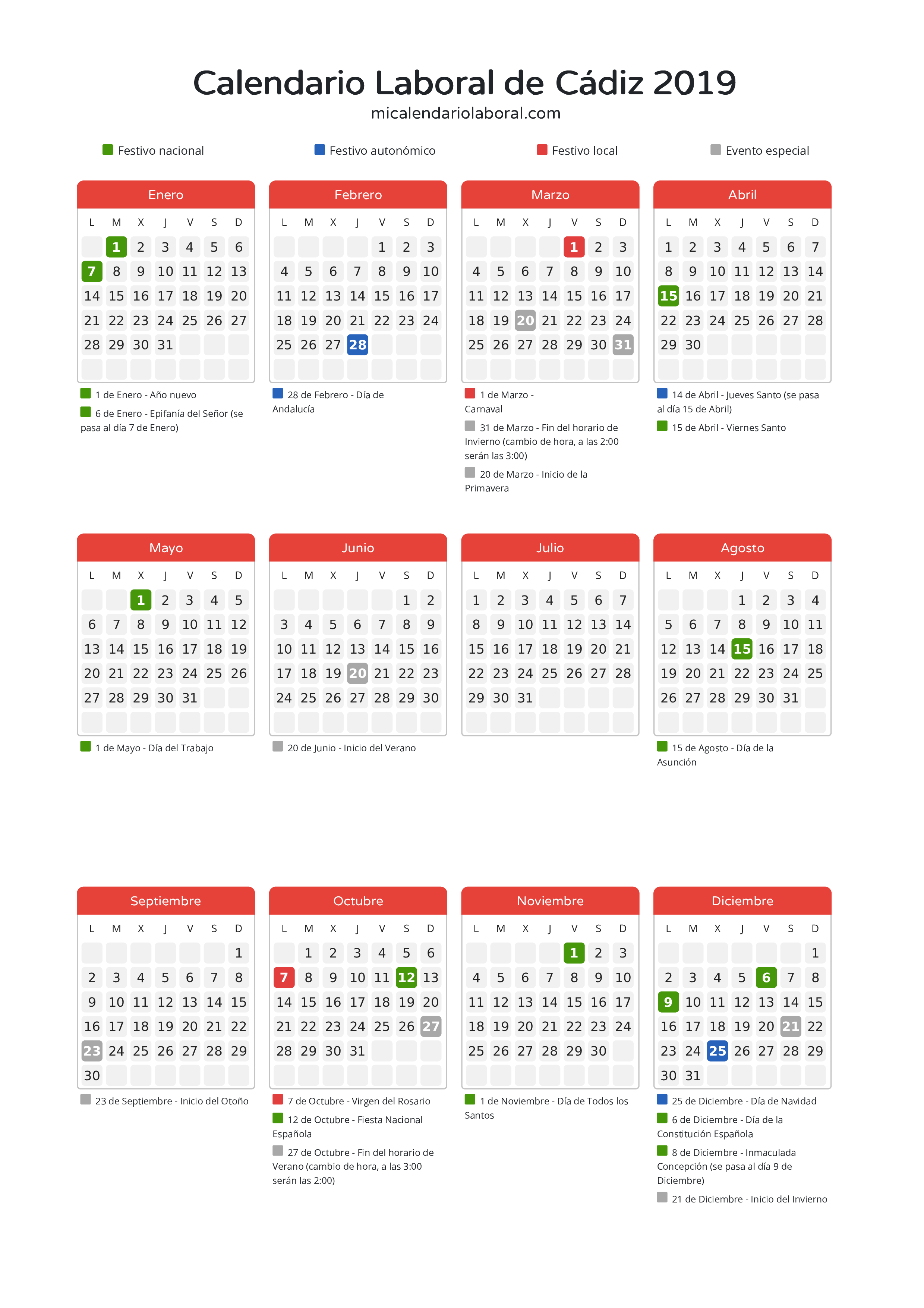 Calendario Laboral de Cádiz 2019 - Días festivos - Descubre todos los festivos, días no laborables y días inhábiles en el calendario de Cádiz propuestos por Junta de Andalucía. Organiza tus vacaciones y puentes en 2019.