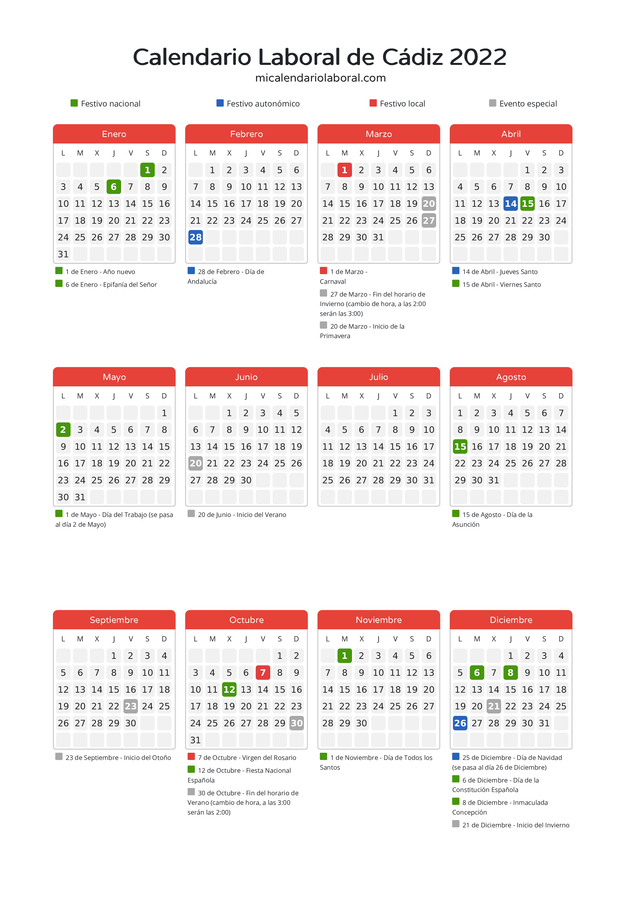 Calendario Laboral de Cádiz 2022 - Días festivos - Descubre todos los festivos, días no laborables y días inhábiles en el calendario de Cádiz propuestos por Junta de Andalucía. Organiza tus vacaciones y puentes en 2022.