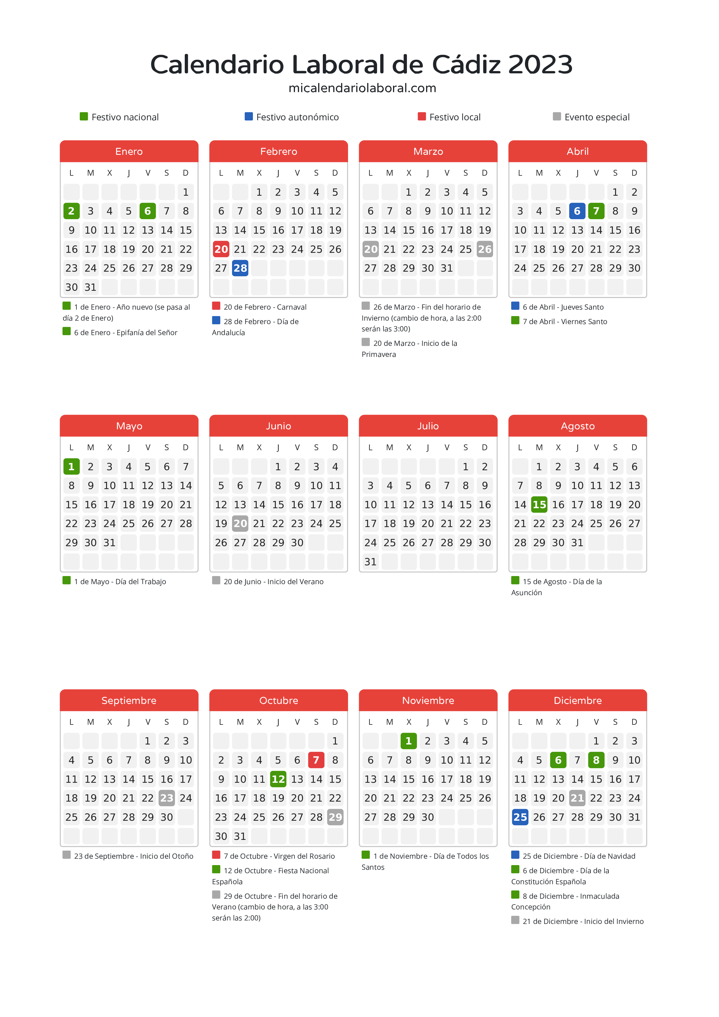 Calendario Laboral de Cádiz 2023 - Días festivos - Aquí tienes todos los días festivos, no laborables y días inhábiles de la provincia del calendario de Cádiz del año 2023