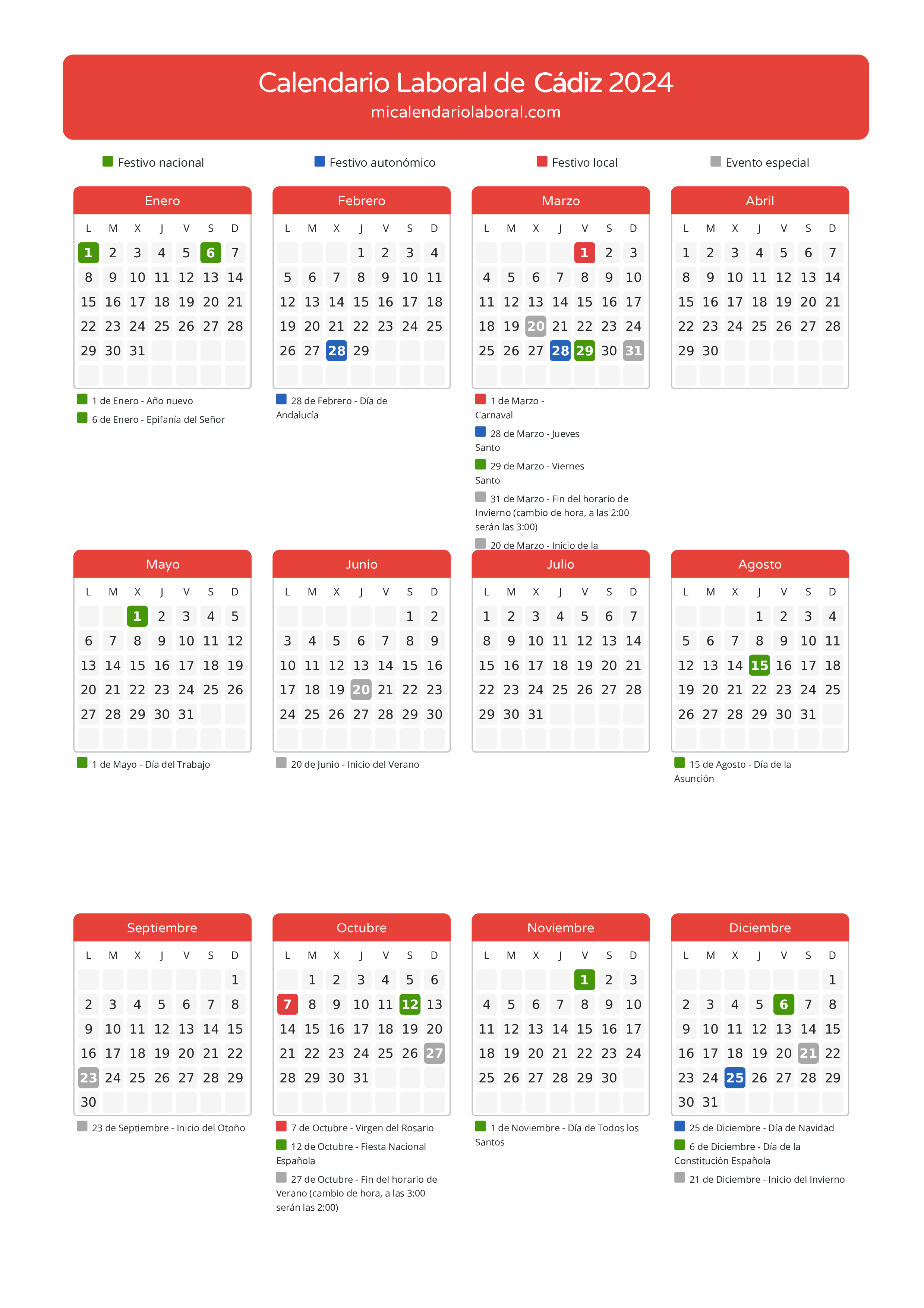 Calendario Laboral de Cádiz 2024 - Días festivos - Aquí tienes todos los días festivos, no laborables y días inhábiles de la provincia del calendario de Cádiz del año 2024