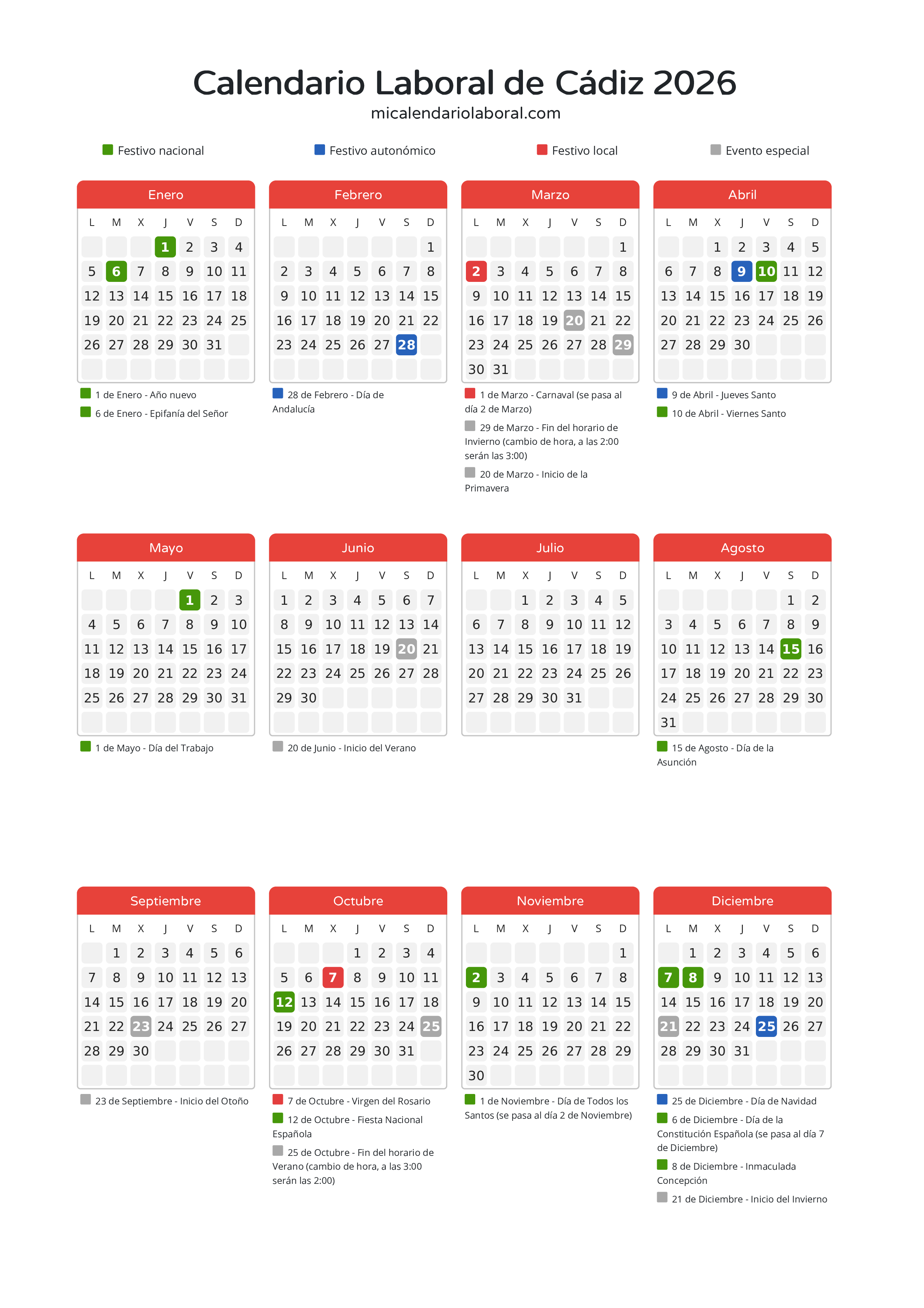 Calendario Laboral de Cádiz 2026 - Días festivos - Descubre todos los festivos, días no laborables y días inhábiles en el calendario de Cádiz propuestos por Junta de Andalucía. Organiza tus vacaciones y puentes en 2026.