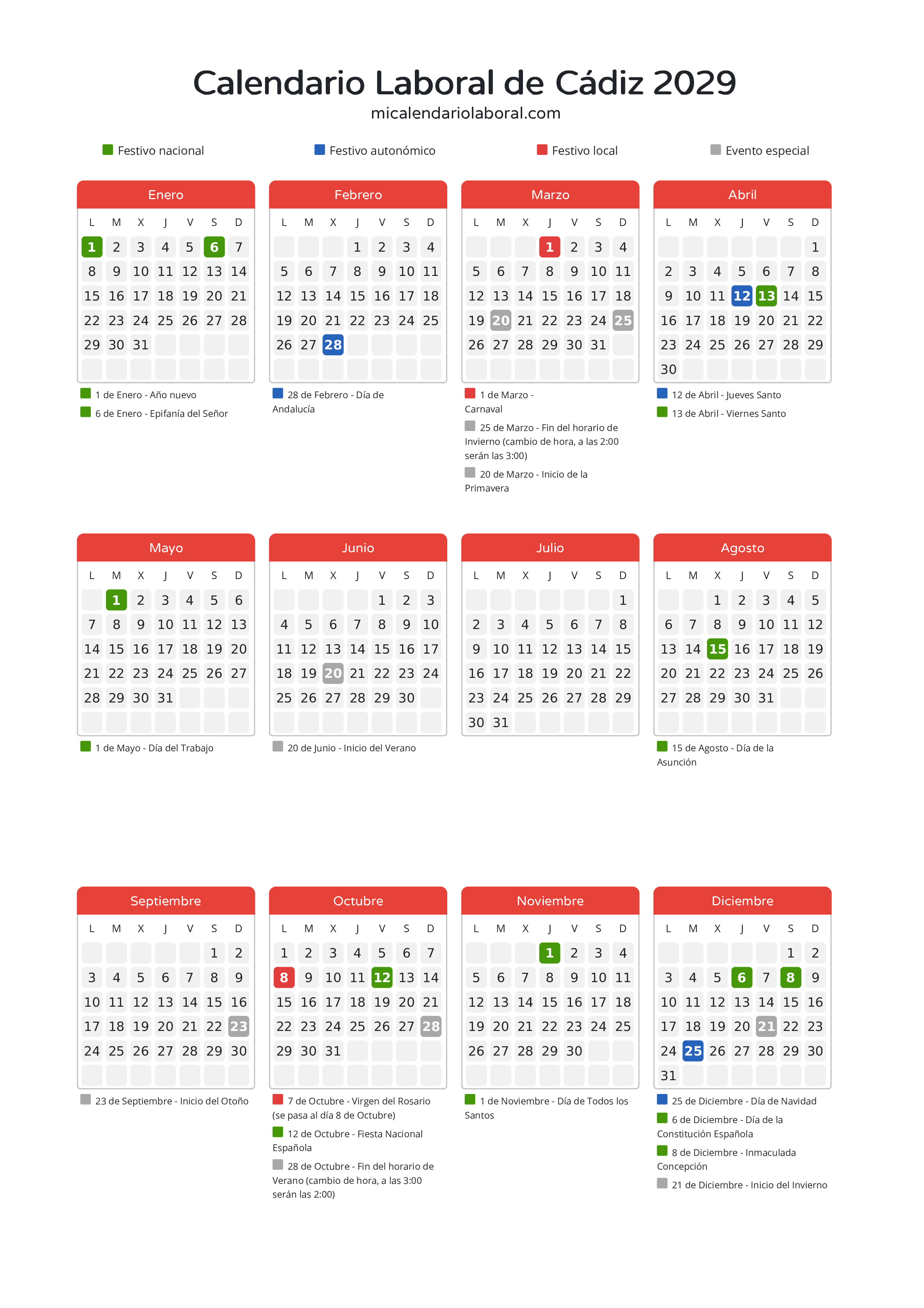 Calendario Laboral de Cádiz 2029 - Días festivos - Descubre todos los festivos, días no laborables y días inhábiles en el calendario de Cádiz propuestos por Junta de Andalucía. Organiza tus vacaciones y puentes en 2029.