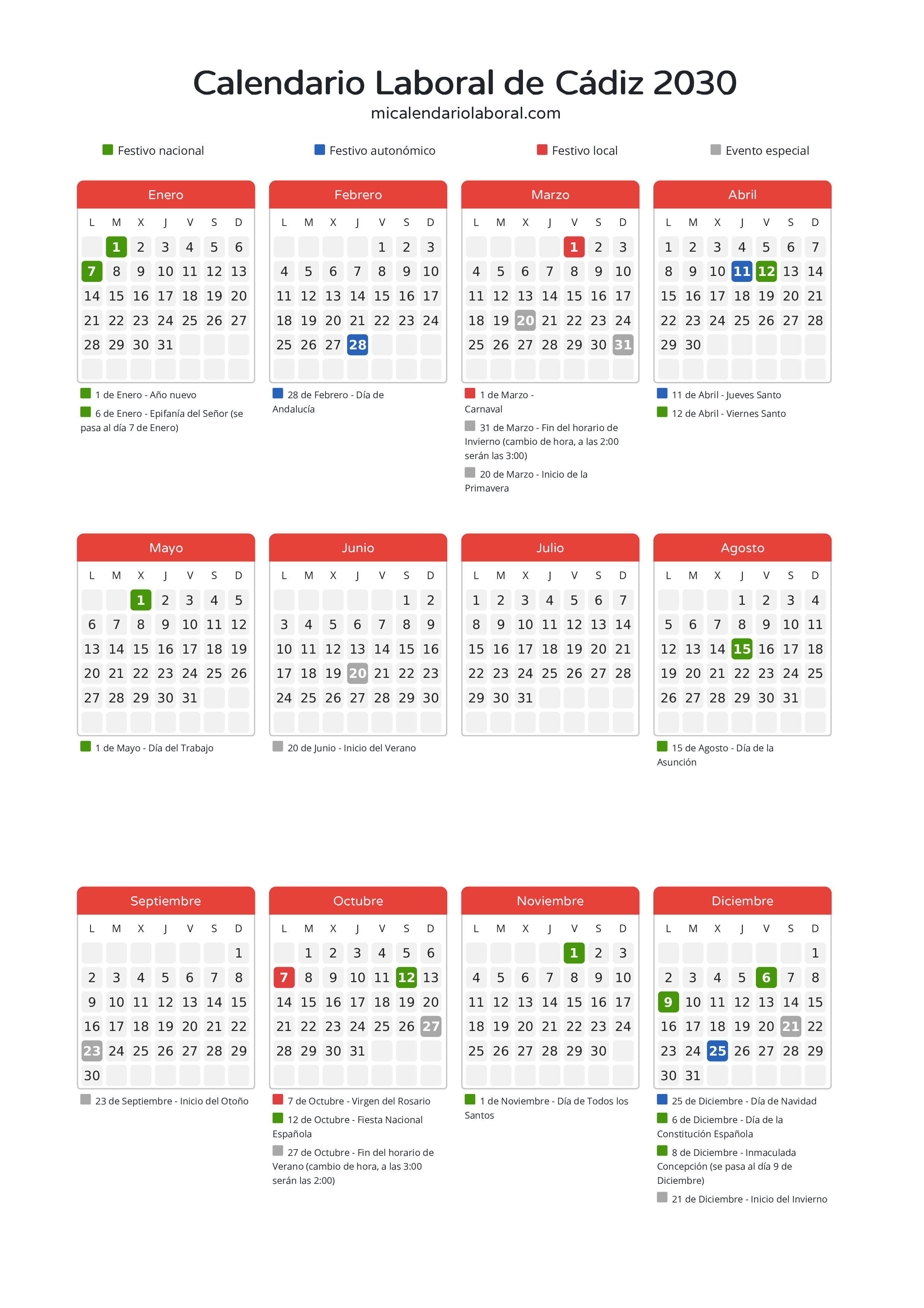 Calendario Laboral de Cádiz 2030 - Días festivos - Todos los festivos y días no laborables del calendario de Cádiz propuestos por Junta de Andalucía. Organiza tus vacaciones y puentes en 2030.