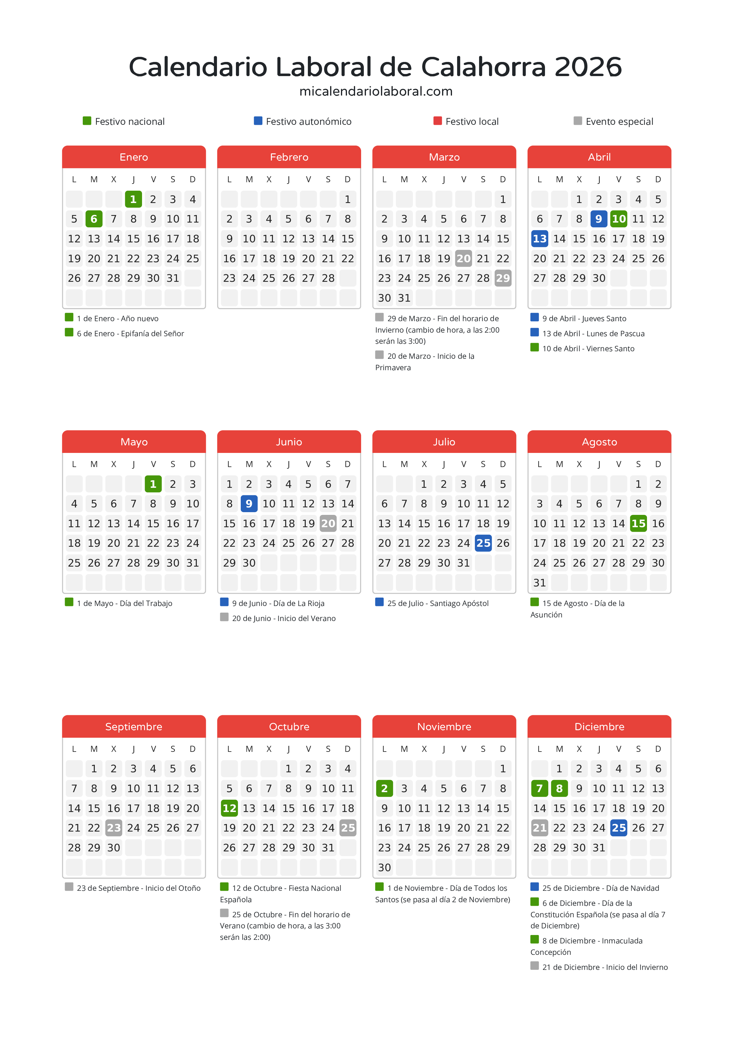 Calendario Laboral de Calahorra 2026 - Días festivos - Descubre todos los festivos, días no laborables y días inhábiles en el calendario de Calahorra propuestos por Gobierno de La Rioja. Organiza tus vacaciones y puentes en 2026.