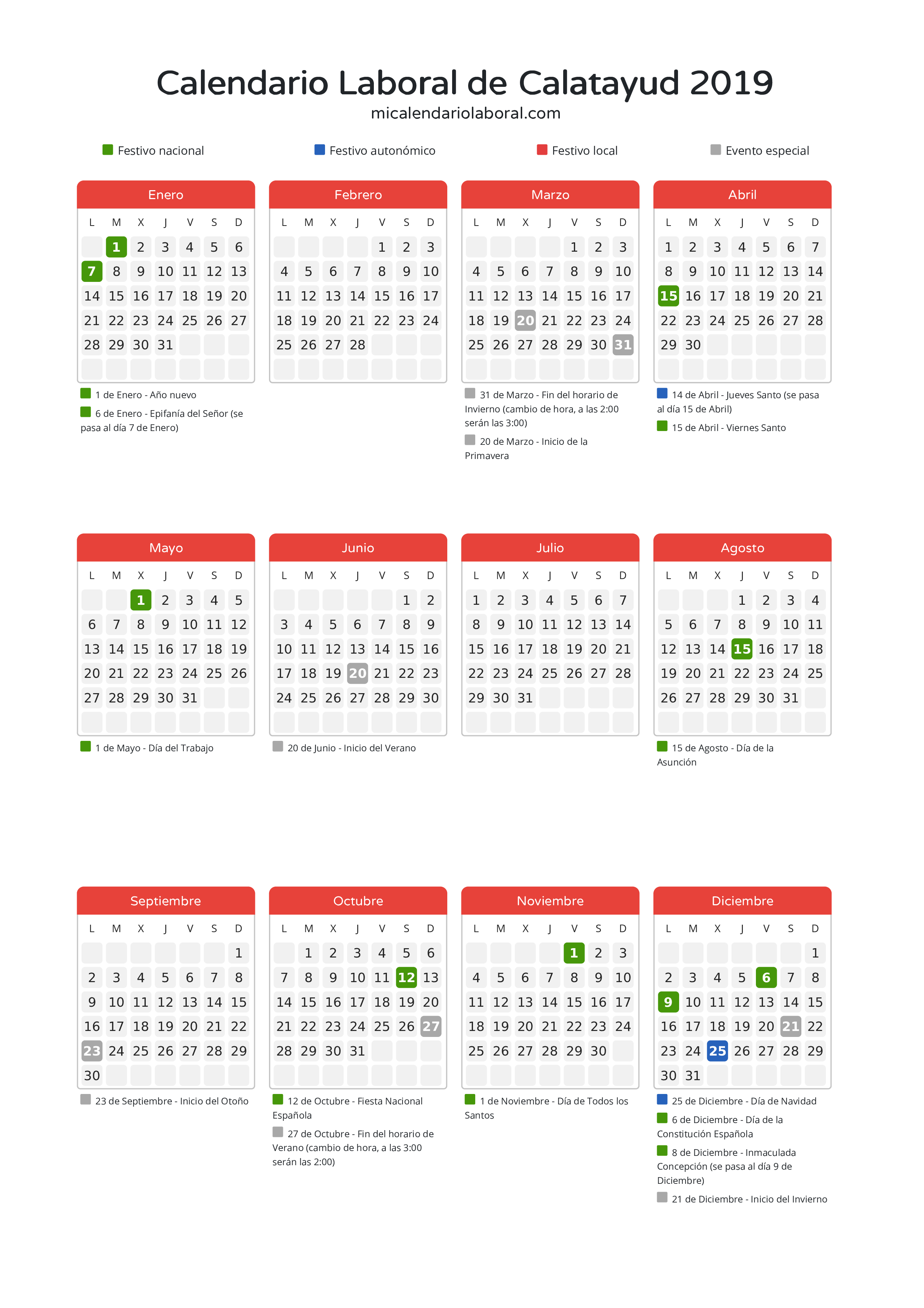 Calendario Laboral de Calatayud 2019 - Días festivos - Descubre todos los festivos, días no laborables y días inhábiles en el calendario de Calatayud propuestos por Gobierno de Aragón. Organiza tus vacaciones y puentes en 2019.