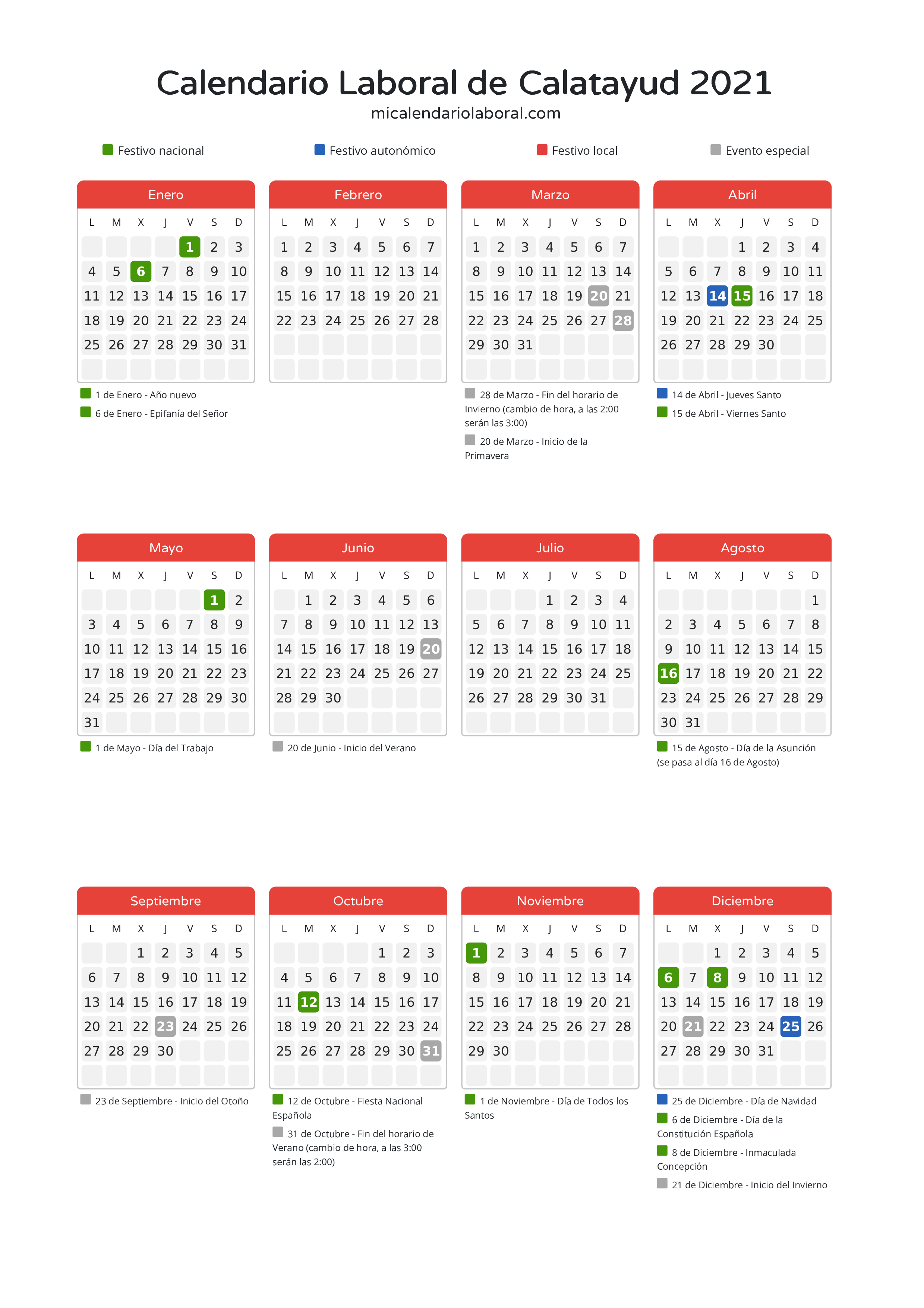 Calendario Laboral de Calatayud 2021 - Días festivos - Descubre todos los festivos, días no laborables y días inhábiles en el calendario de Calatayud propuestos por Gobierno de Aragón. Organiza tus vacaciones y puentes en 2021.