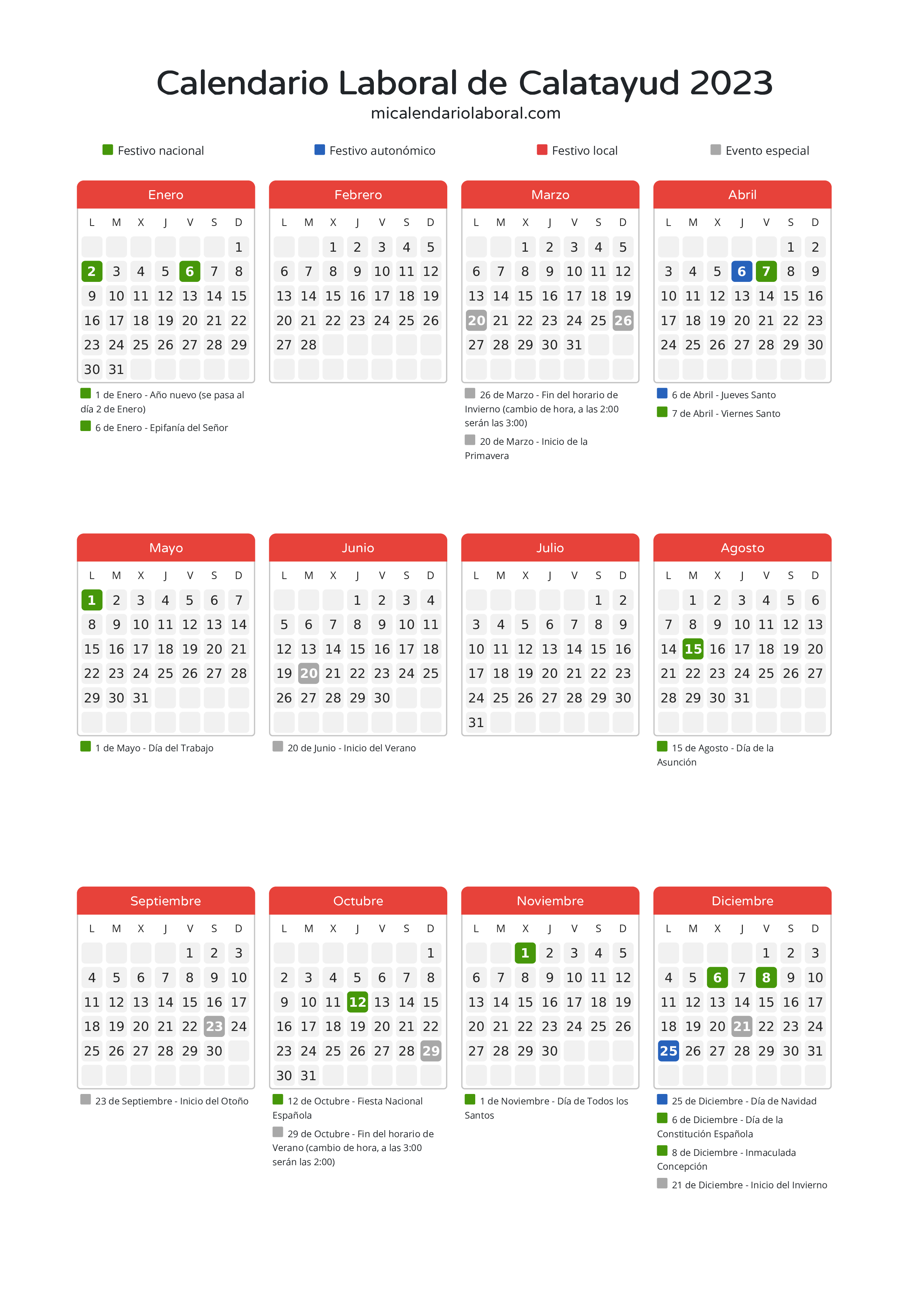 Calendario Laboral de Calatayud 2023 - Días festivos - Descubre todos los festivos, días no laborables y días inhábiles en el calendario de Calatayud propuestos por Gobierno de Aragón. Organiza tus vacaciones y puentes en 2023.