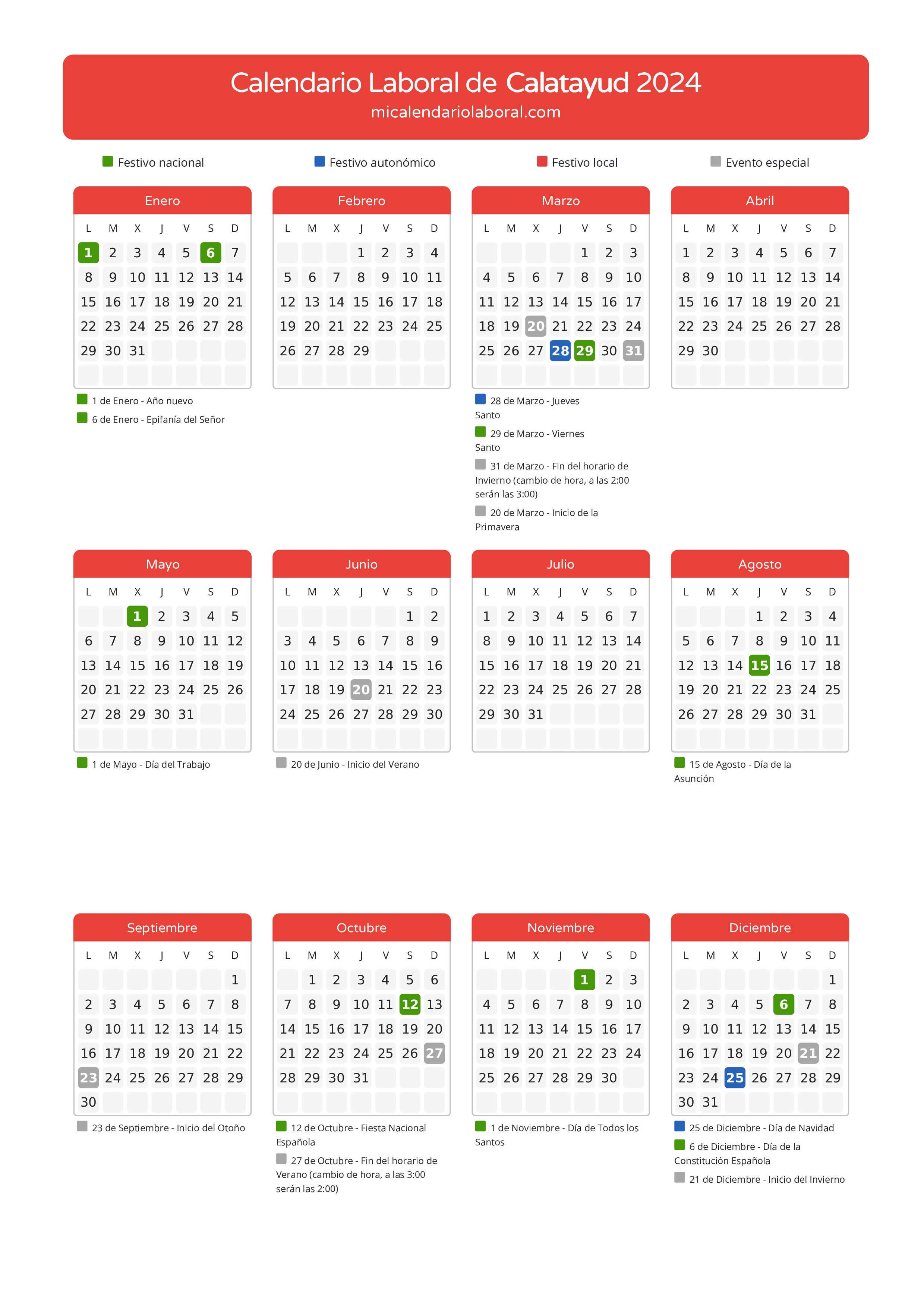 Calendario Laboral de Calatayud 2024 - Días festivos - Descubre todos los festivos, días no laborables y días inhábiles en el calendario de la provincia de Calatayud propuestos por Gobierno de Aragón. Anticípate a los eventos y organiza tus vacaciones y puentes en 2024.