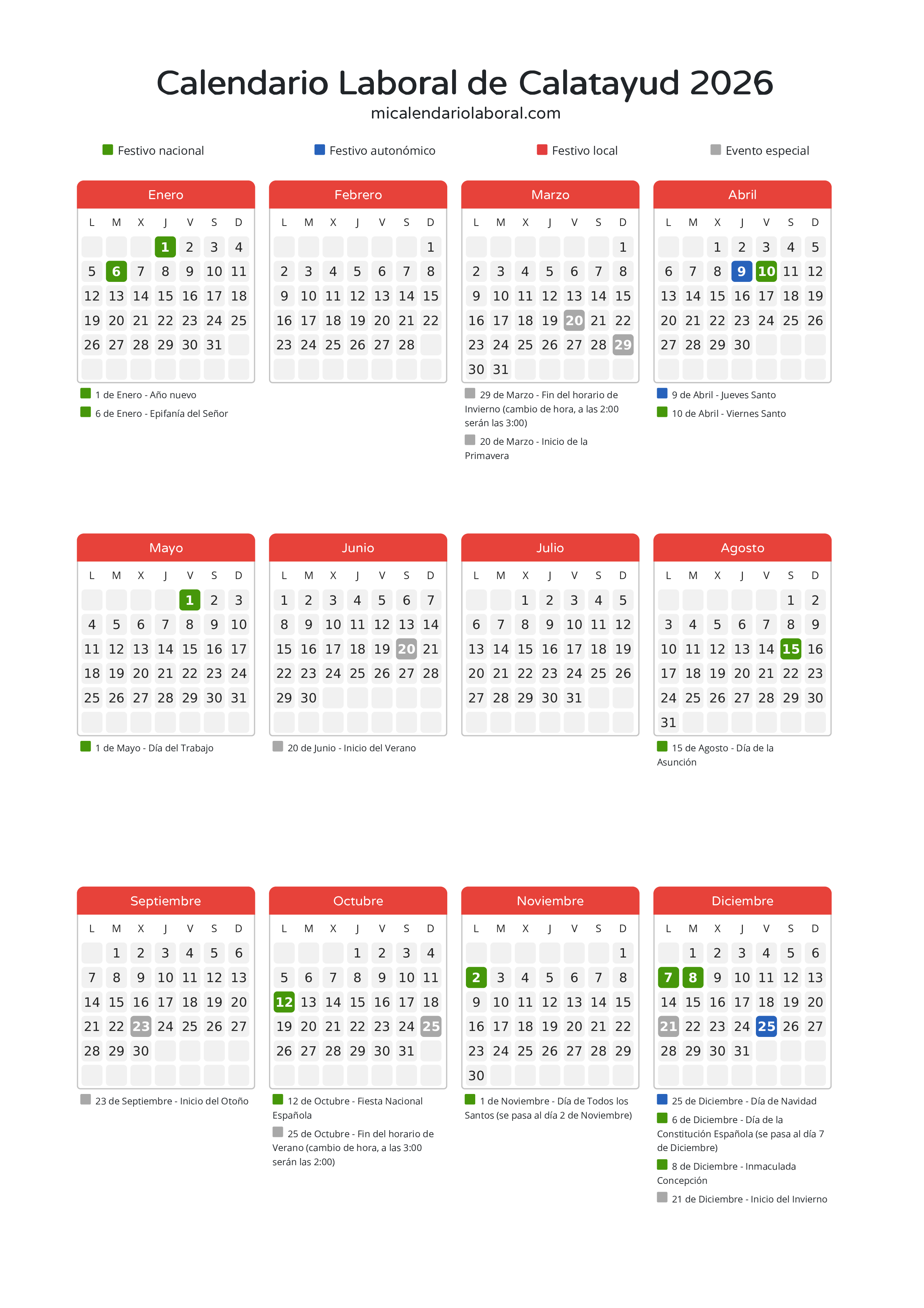 Calendario Laboral de Calatayud 2026 - Días festivos - Descubre todos los festivos, días no laborables y días inhábiles en el calendario de Calatayud propuestos por Gobierno de Aragón. Organiza tus vacaciones y puentes en 2026.