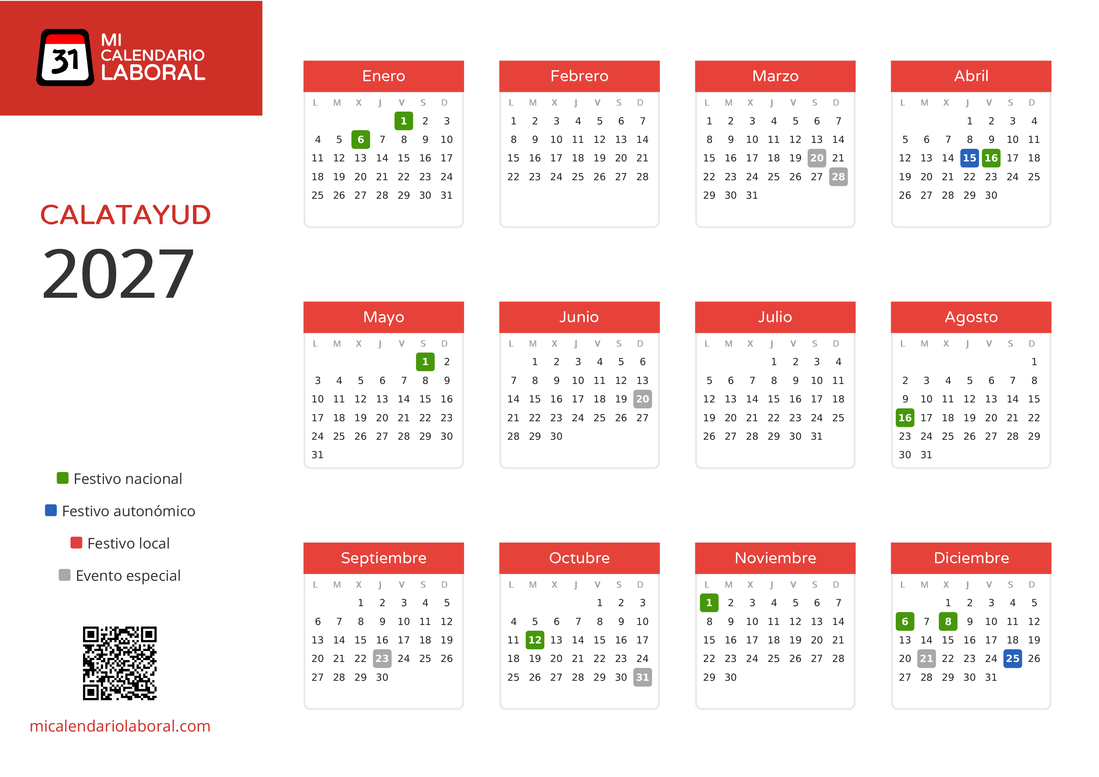 Calendario Laboral de Calatayud 2027 - Días festivos - Todos los festivos y días no laborables del calendario de Calatayud propuestos por Gobierno de Aragón. Organiza tus vacaciones y puentes en 2027.