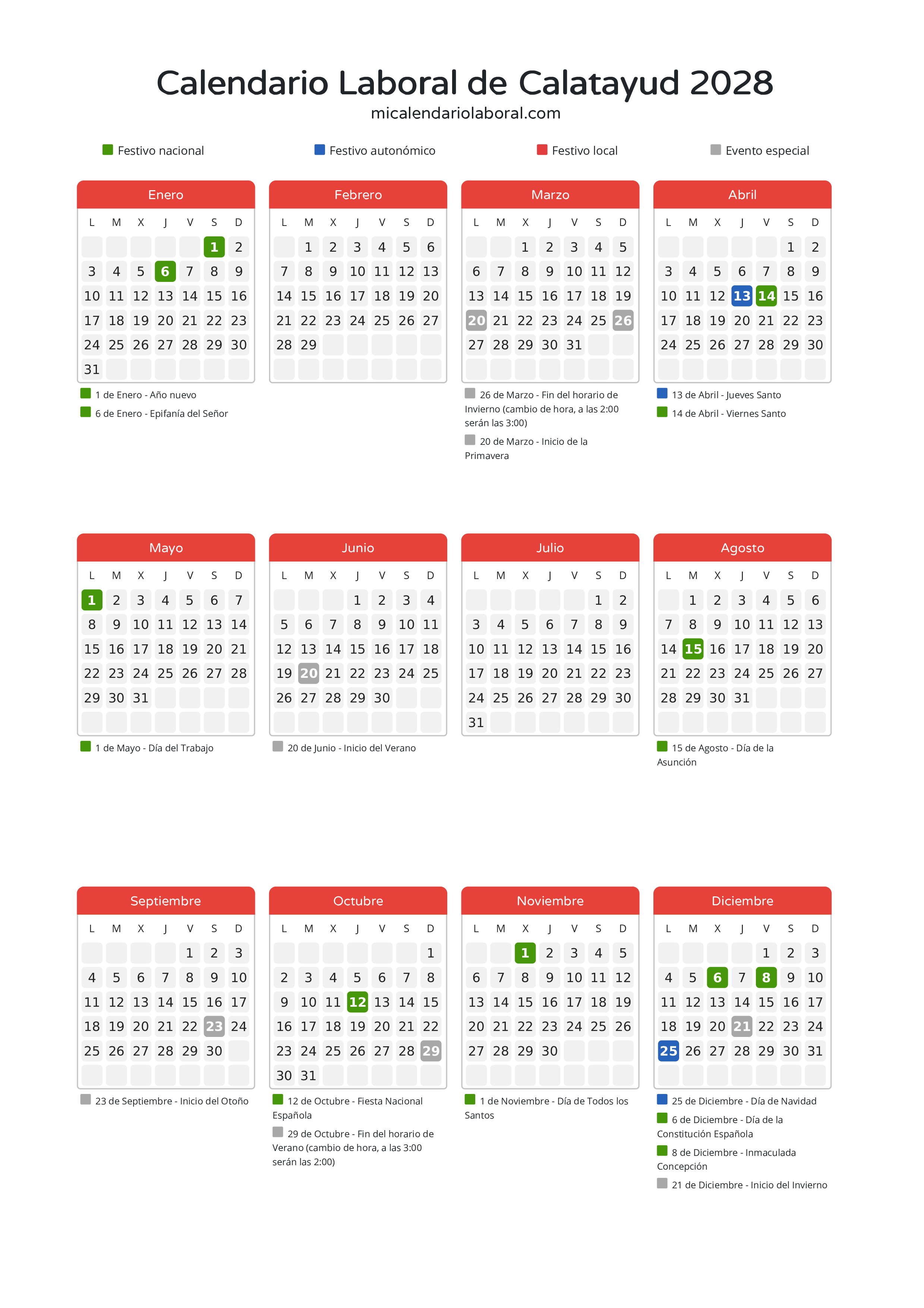 Calendario Laboral de Calatayud 2028 - Días festivos - Descubre todos los festivos, días no laborables y días inhábiles en el calendario de Calatayud propuestos por Gobierno de Aragón. Organiza tus vacaciones y puentes en 2028.