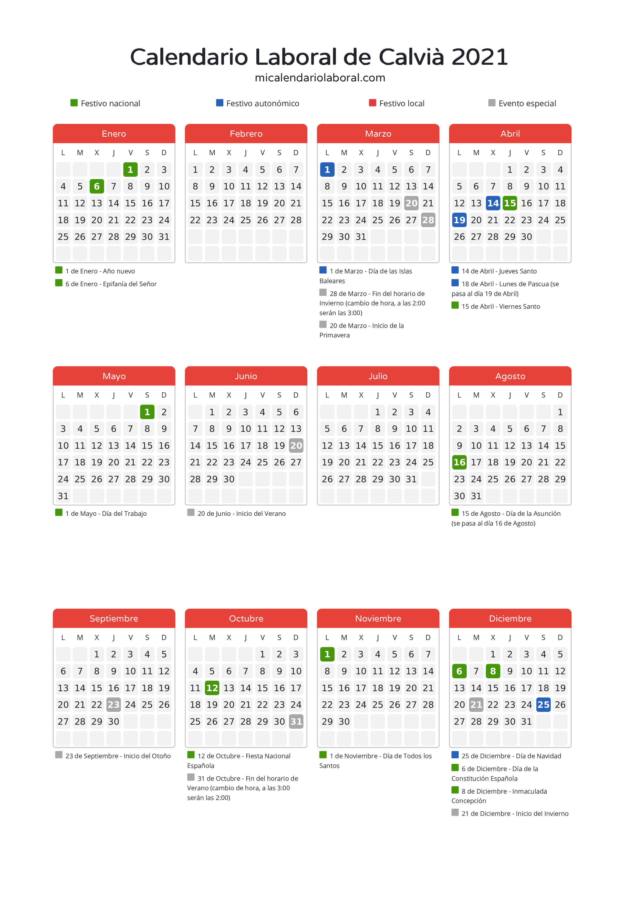 Calendario Laboral de Calvià 2021 - Días festivos - Descubre todos los festivos, días no laborables y días inhábiles en el calendario de Calvià propuestos por Govern de les Illes Balears. Organiza tus vacaciones y puentes en 2021.