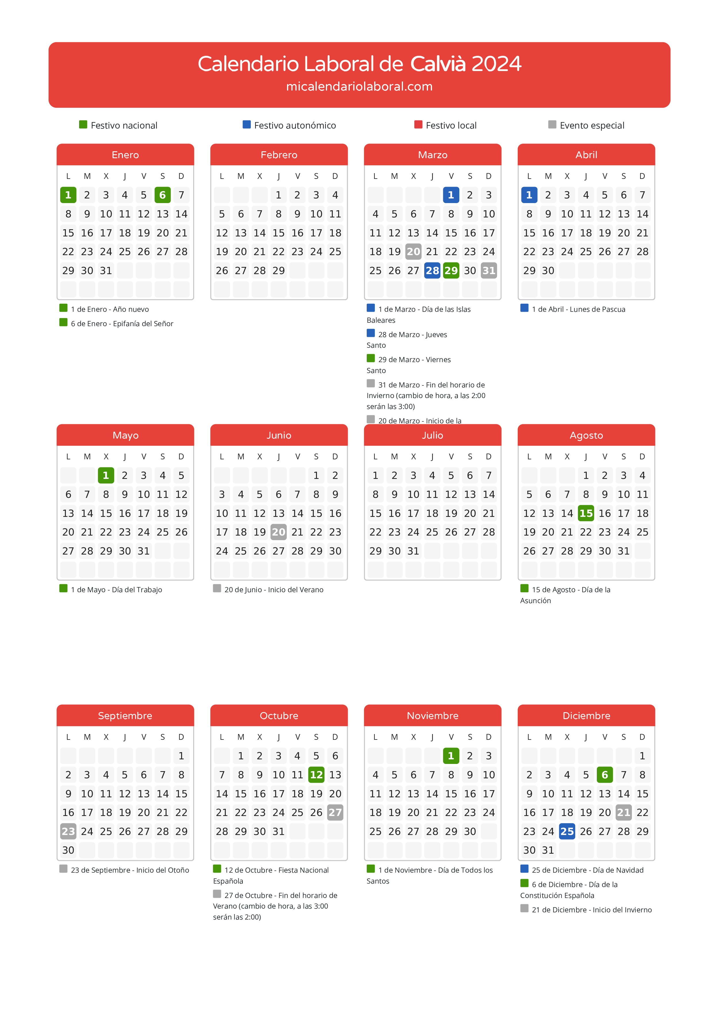 Calendario Laboral de Calvià 2024 - Días festivos - Aquí tienes todos los días festivos, no laborables y días inhábiles de la provincia del calendario de Calvià del año 2024