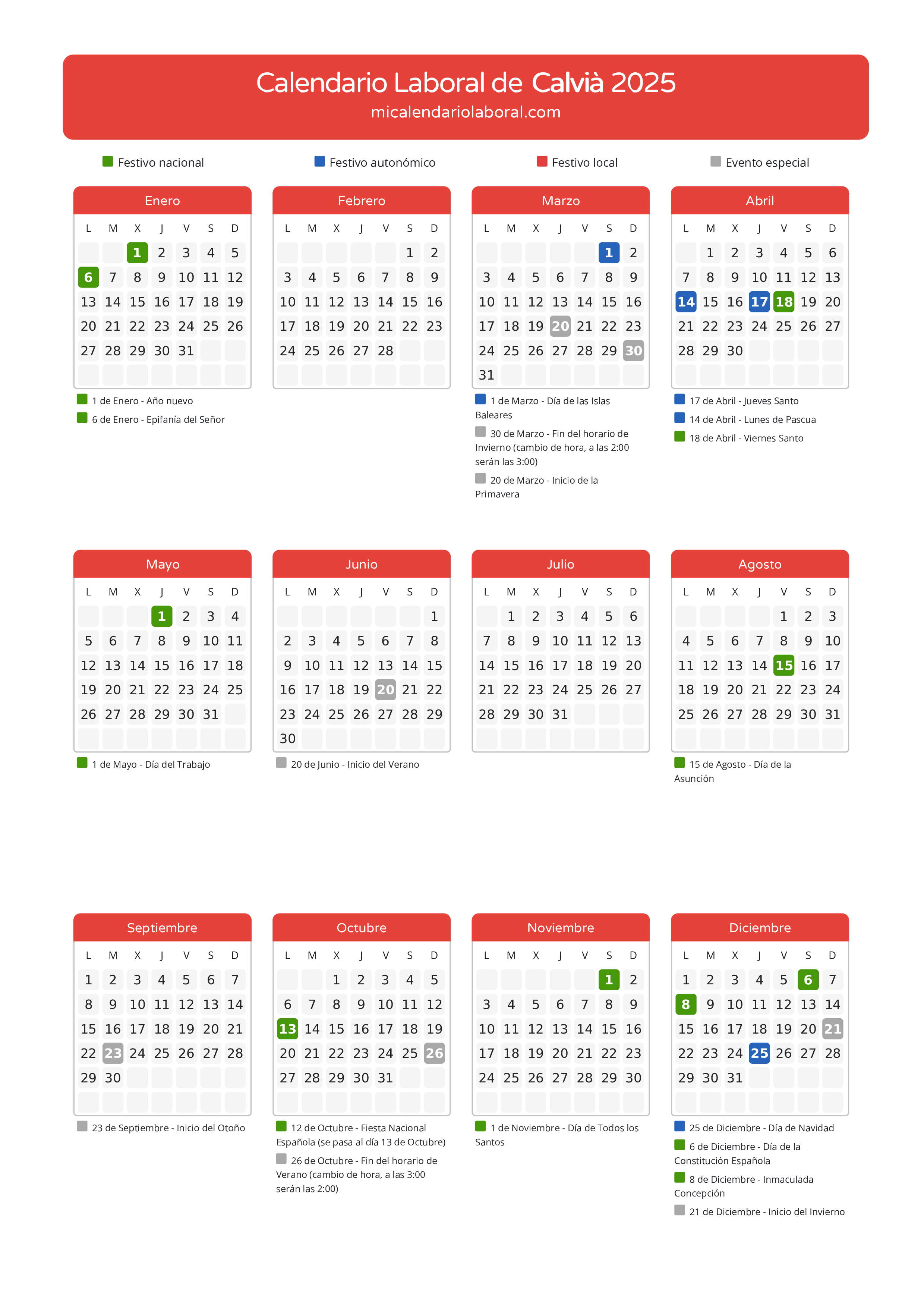 Calendario Laboral de Calvià 2025 - Días festivos - Aquí tienes todos los días festivos, no laborables y días inhábiles de la provincia del calendario de Calvià del año 2025