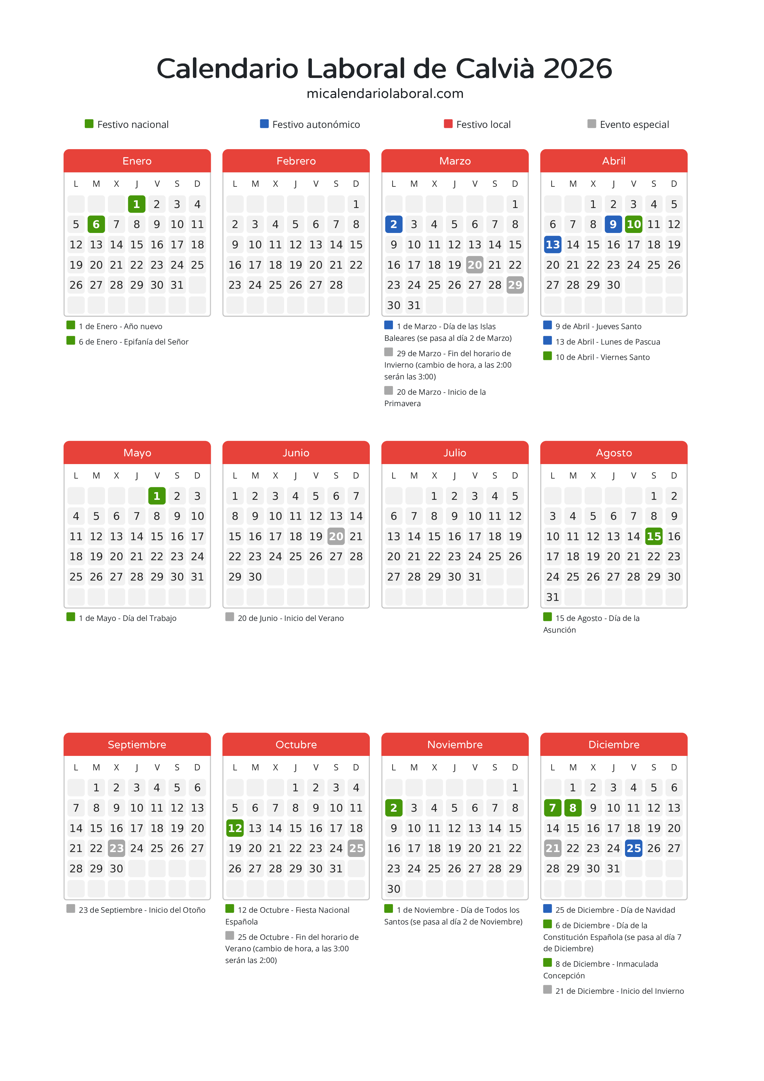 Calendario Laboral de Calvià 2026 - Días festivos - Descubre todos los festivos, días no laborables y días inhábiles en el calendario de Calvià propuestos por Govern de les Illes Balears. Organiza tus vacaciones y puentes en 2026.