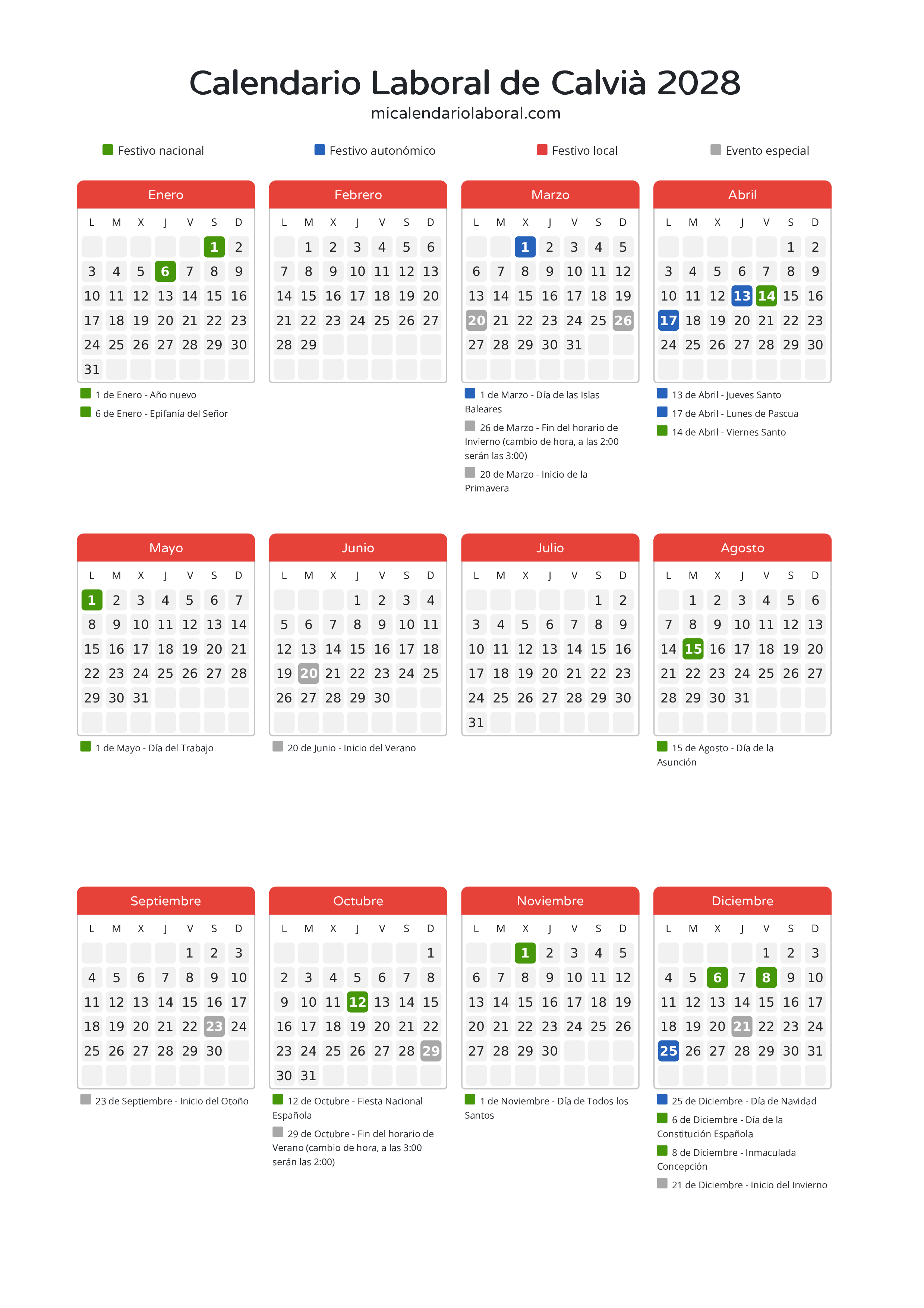 Calendario Laboral de Calvià 2028 - Días festivos - Descubre todos los festivos, días no laborables y días inhábiles en el calendario de Calvià propuestos por Govern de les Illes Balears. Organiza tus vacaciones y puentes en 2028.