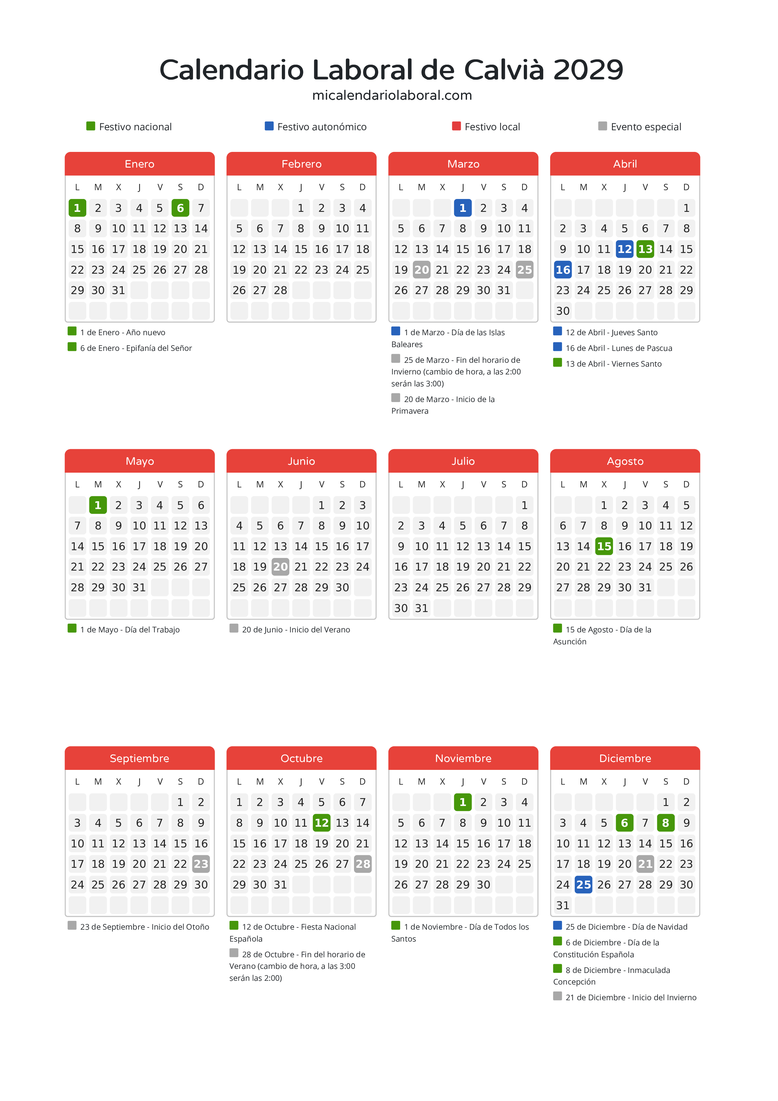 Calendario Laboral de Calvià 2029 - Días festivos - Descubre todos los festivos, días no laborables y días inhábiles en el calendario de Calvià propuestos por Govern de les Illes Balears. Organiza tus vacaciones y puentes en 2029.
