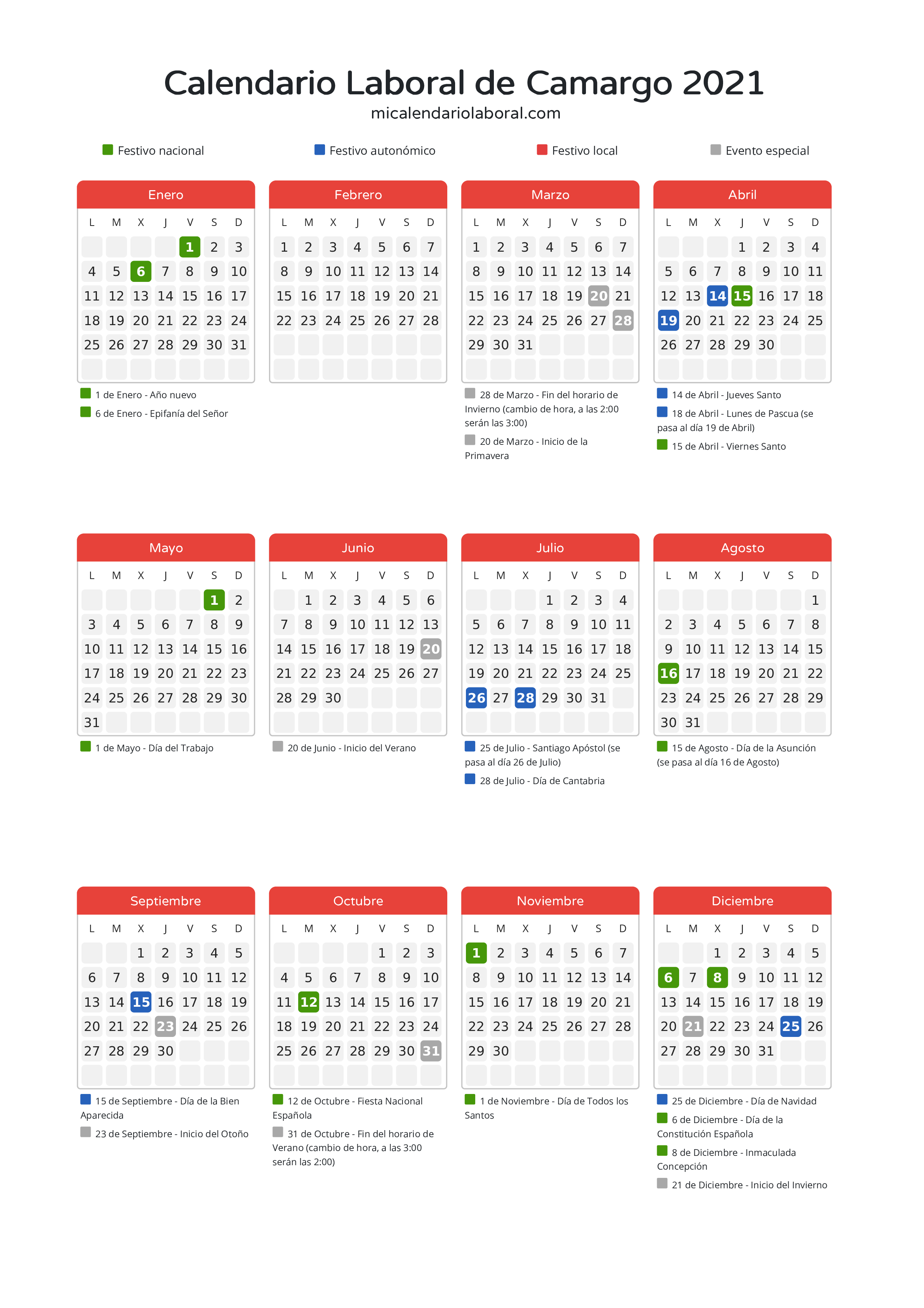 Calendario Laboral de Camargo 2021 - Días festivos - Descubre todos los festivos, días no laborables y días inhábiles en el calendario de Camargo propuestos por Gobierno de Cantabria. Organiza tus vacaciones y puentes en 2021.