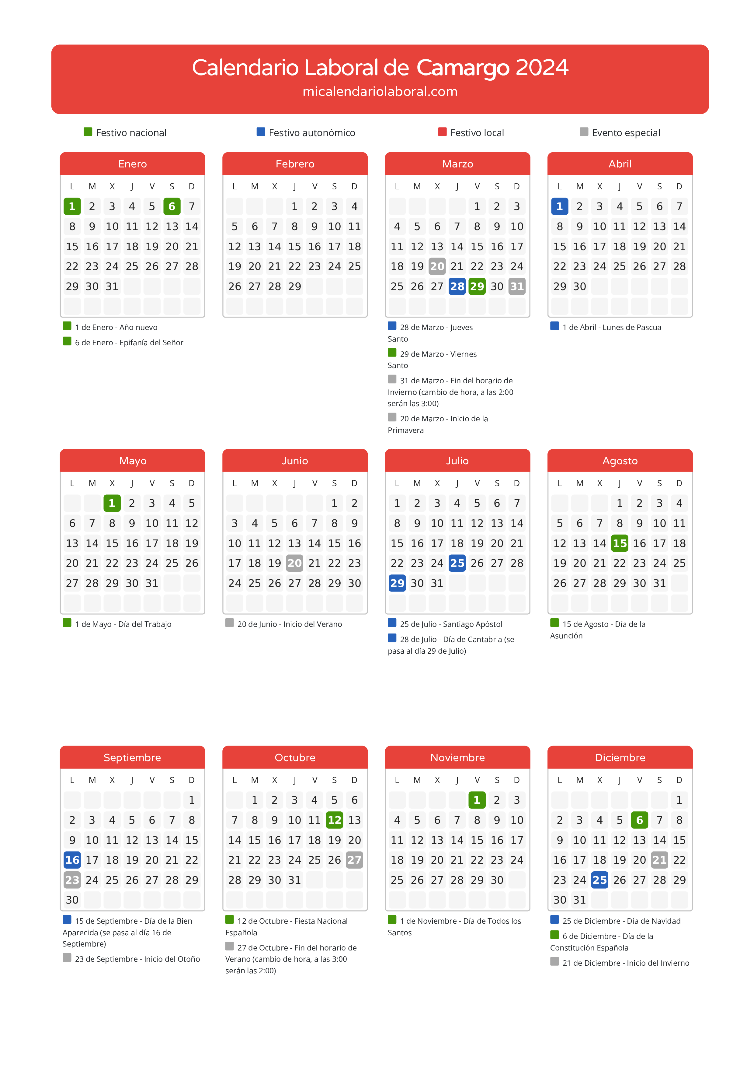 Calendario Laboral de Camargo 2024 - Días festivos - Descubre todos los festivos, días no laborables y días inhábiles en el calendario de la provincia de Camargo propuestos por Gobierno de Cantabria. Anticípate a los eventos y organiza tus vacaciones y puentes en 2024.