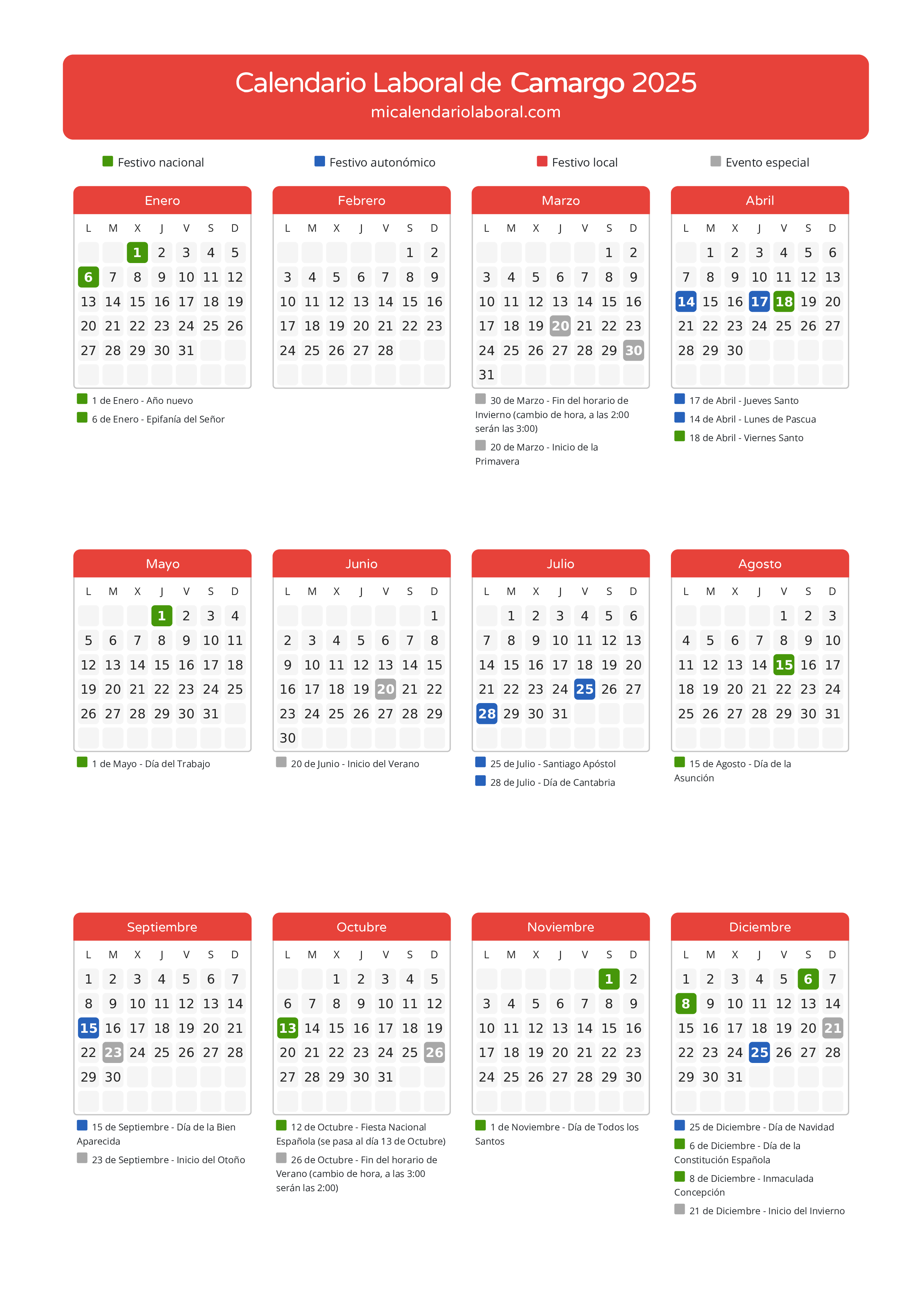 Calendario Laboral de Camargo 2025 - Días festivos - Descubre todos los festivos, días no laborables y días inhábiles en el calendario de la provincia de Camargo propuestos por Gobierno de Cantabria. Anticípate a los eventos y organiza tus vacaciones y puentes en 2025.