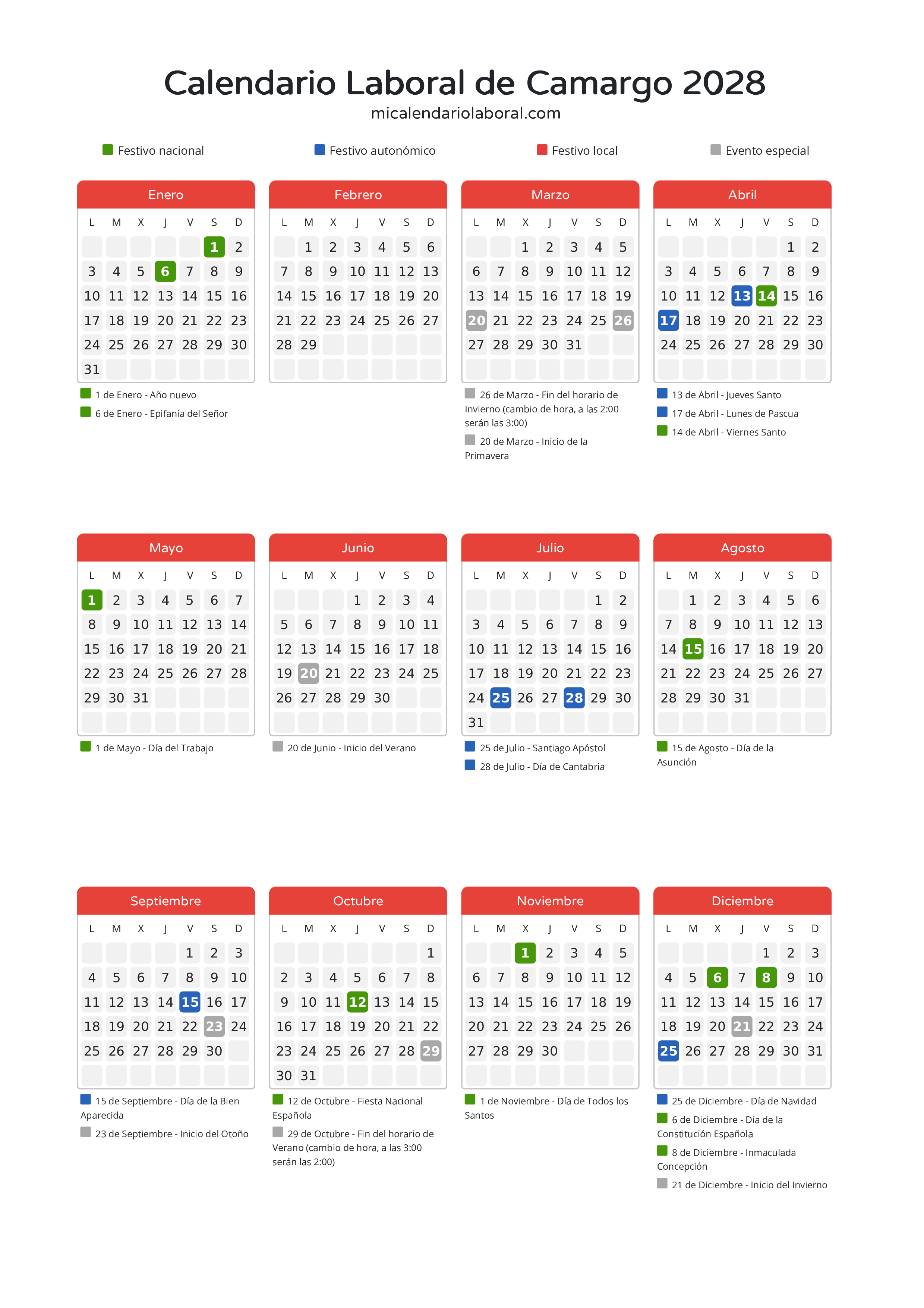 Calendario Laboral de Camargo 2028 - Días festivos - Descubre todos los festivos, días no laborables y días inhábiles en el calendario de Camargo propuestos por Gobierno de Cantabria. Organiza tus vacaciones y puentes en 2028.