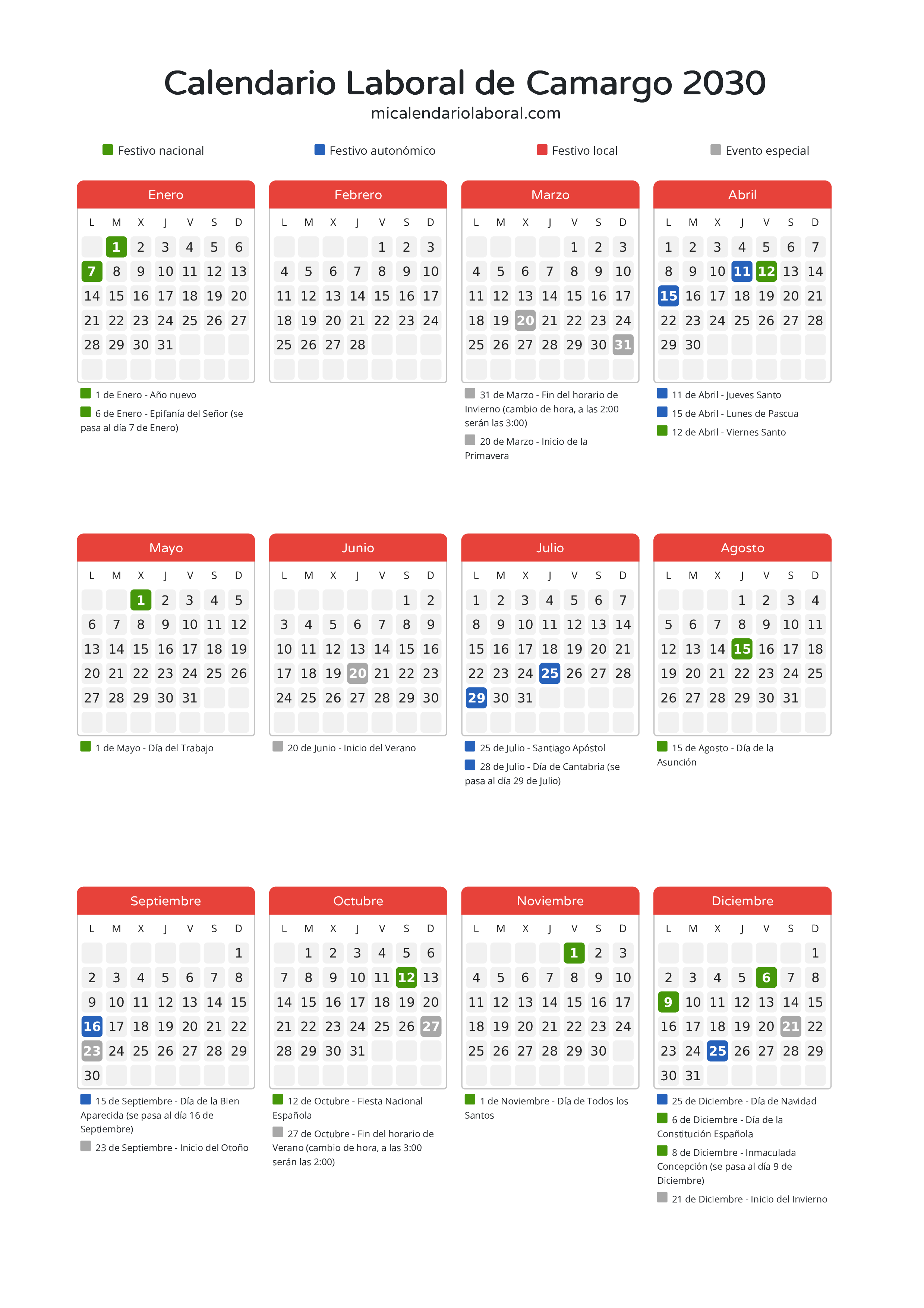 Calendario Laboral de Camargo 2030 - Días festivos - Todos los festivos y días no laborables del calendario de Camargo propuestos por Gobierno de Cantabria. Organiza tus vacaciones y puentes en 2030.