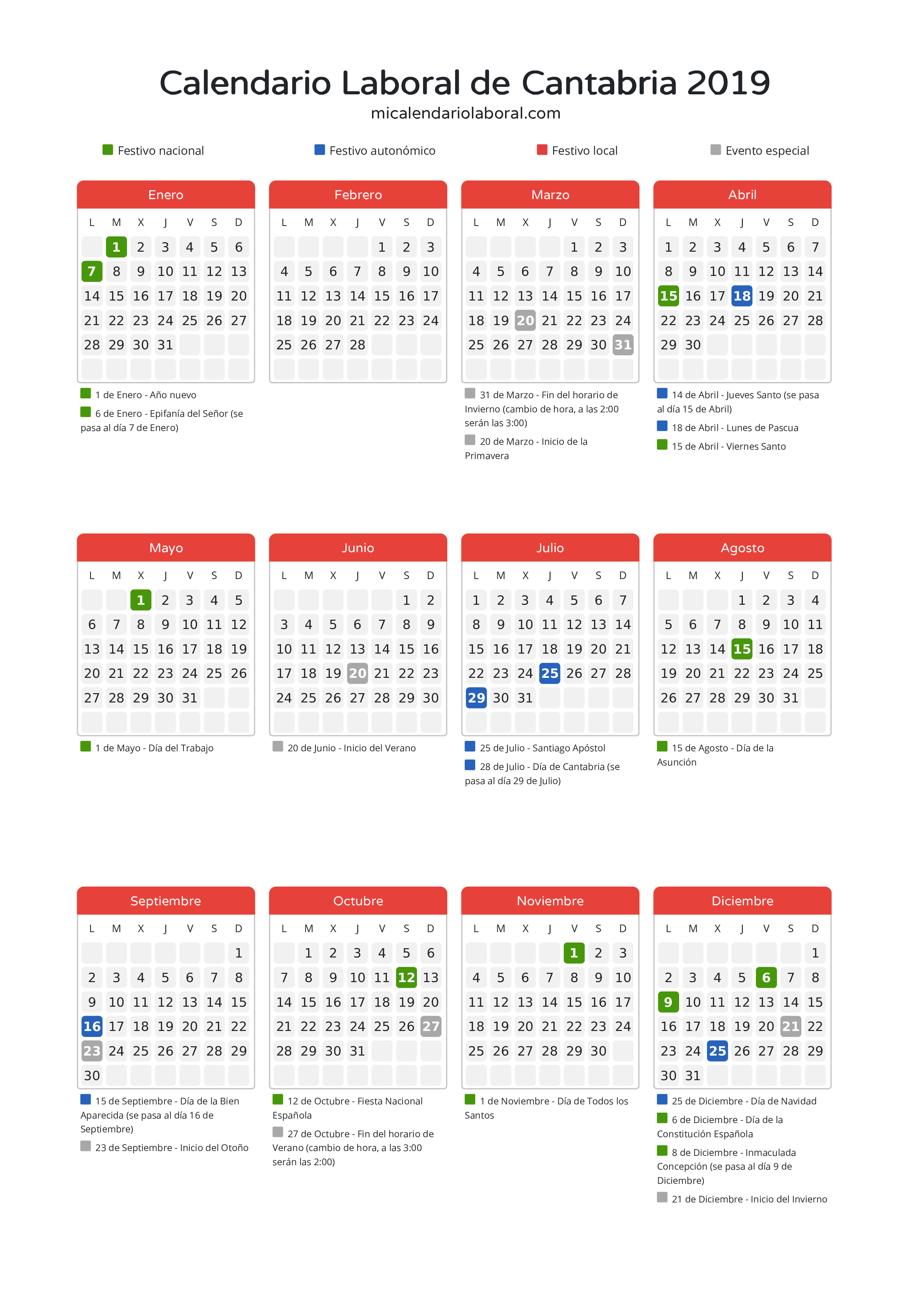 Calendario Laboral de Cantabria 2019 - Días festivos - Descubre todos los festivos, días no laborables y días inhábiles en el calendario de Cantabria propuestos por Gobierno de Cantabria. Organiza tus vacaciones y puentes en 2019.