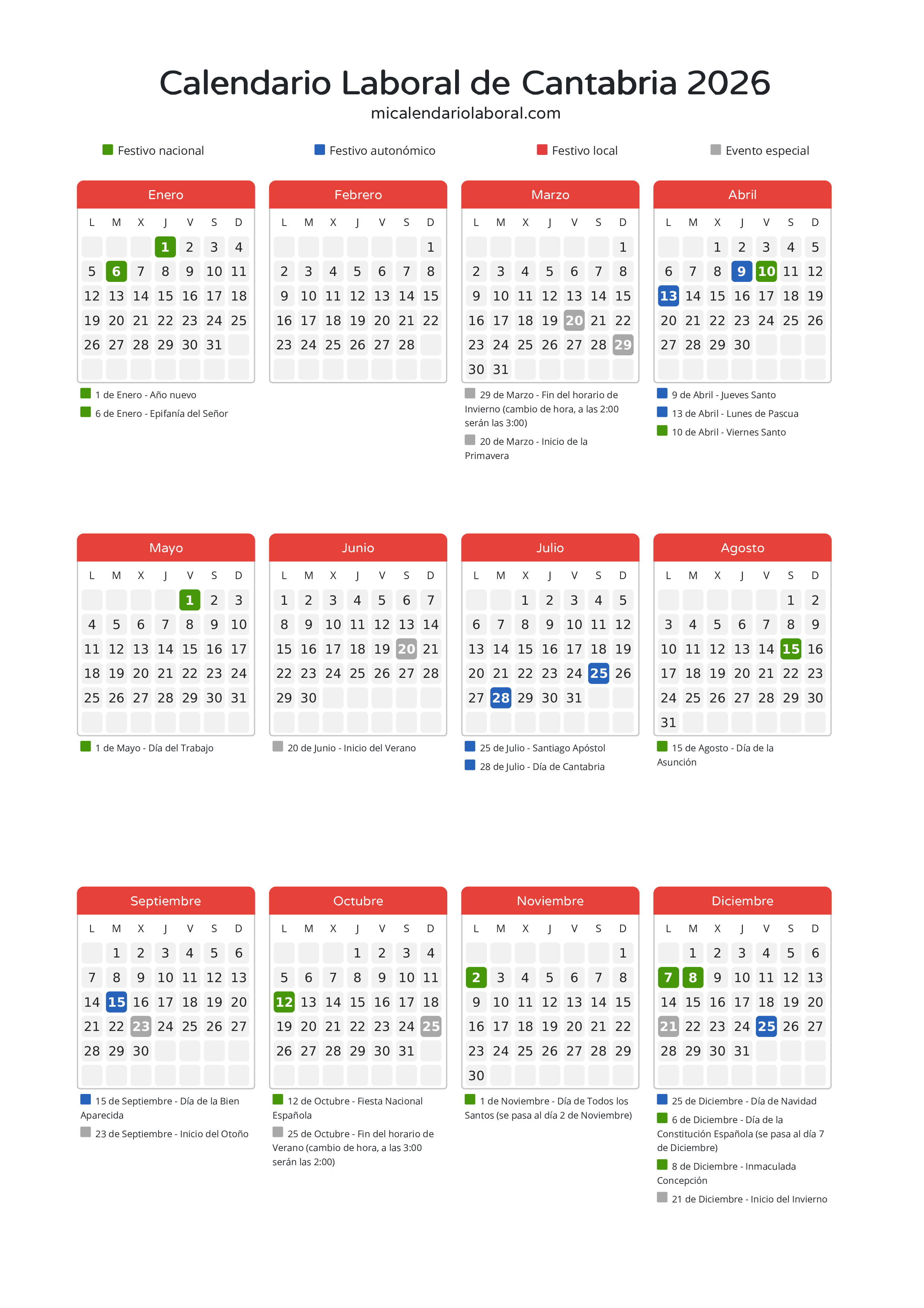 Calendario Laboral de Cantabria 2026 - Días festivos - Descubre todos los festivos, días no laborables y días inhábiles en el calendario de Cantabria propuestos por Gobierno de Cantabria. Organiza tus vacaciones y puentes en 2026.