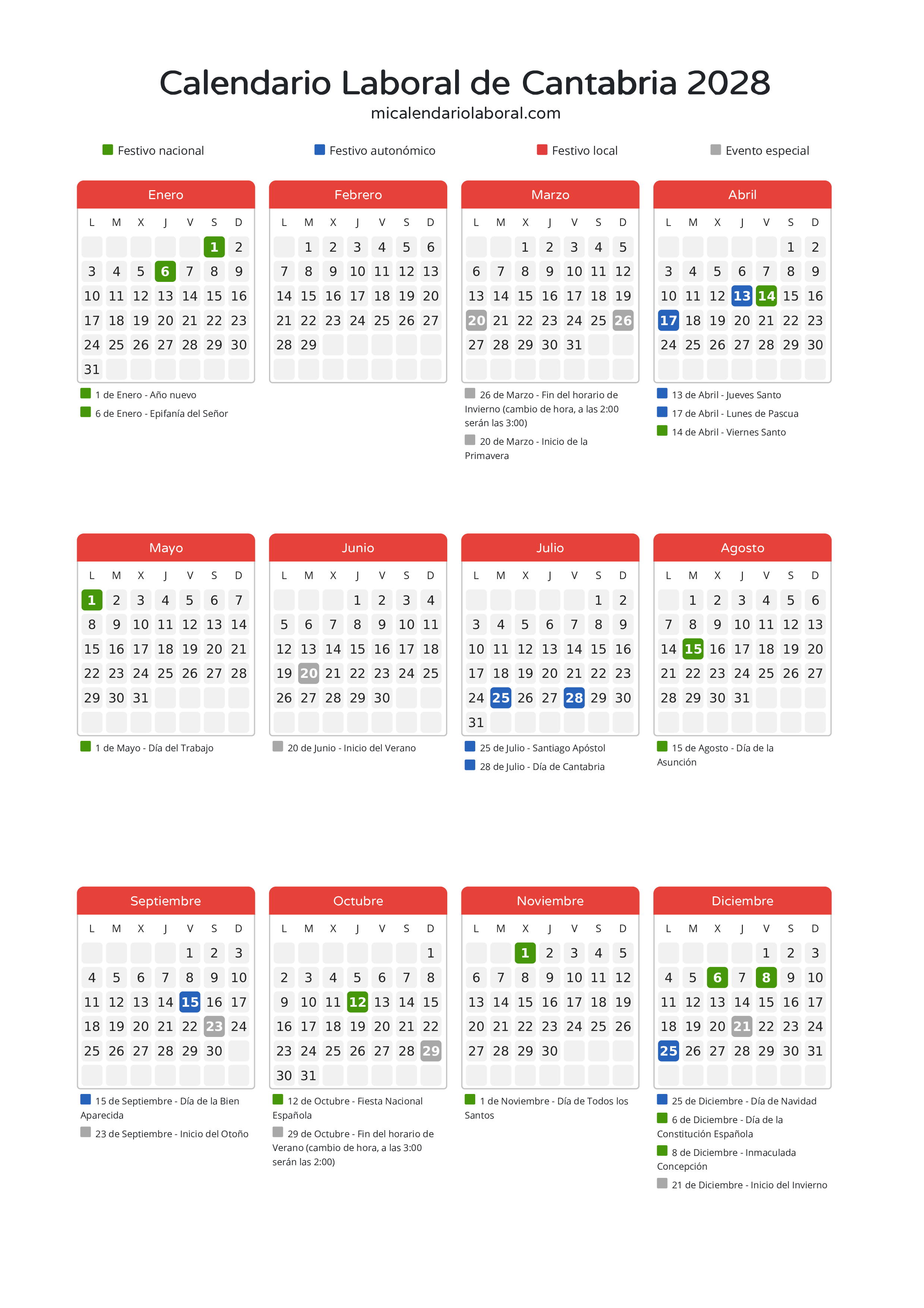 Calendario Laboral de Cantabria 2028 - Días festivos - Descubre todos los festivos, días no laborables y días inhábiles en el calendario de Cantabria propuestos por Gobierno de Cantabria. Organiza tus vacaciones y puentes en 2028.