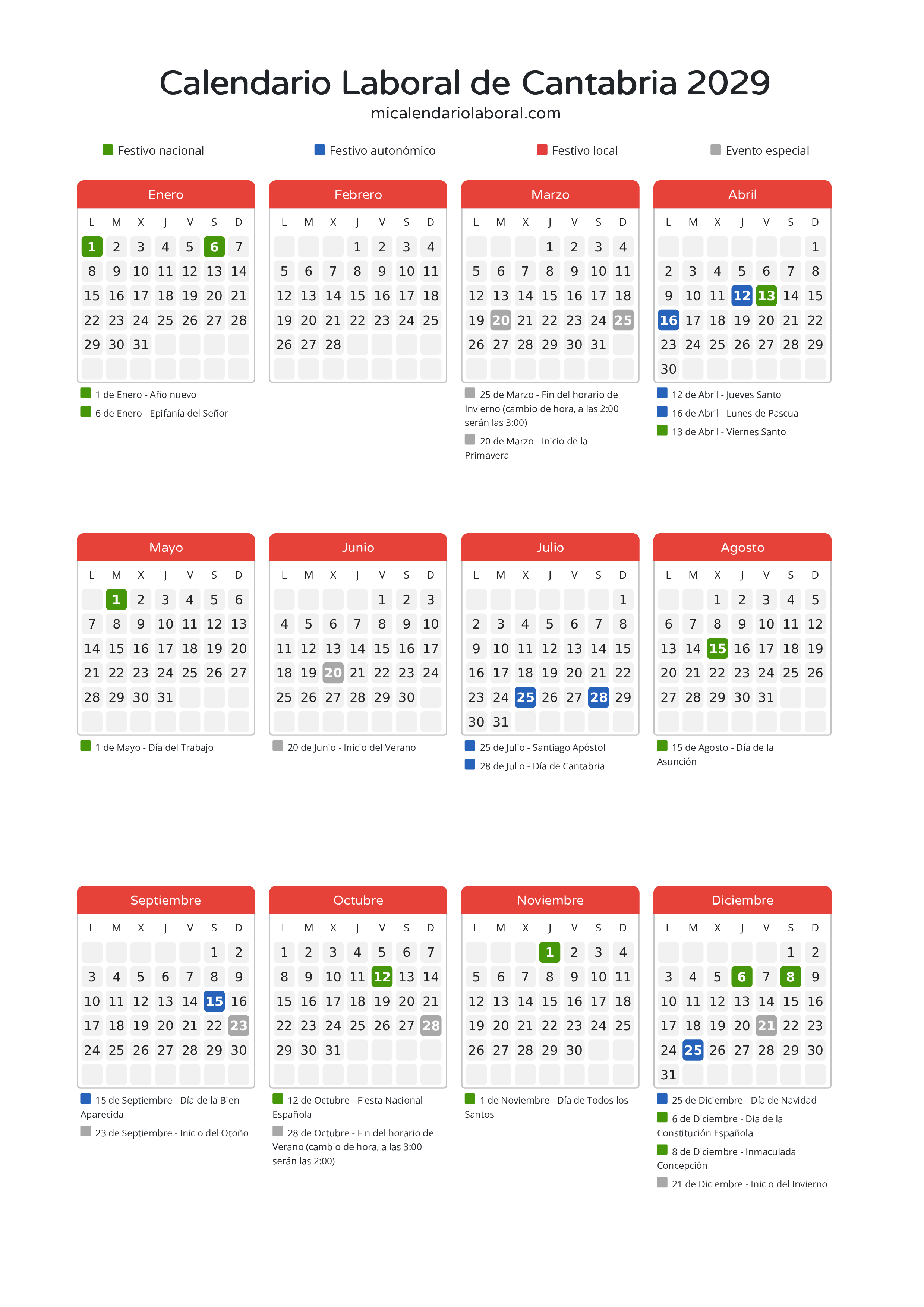 Calendario Laboral de Cantabria 2029 - Días festivos - Descubre todos los festivos, días no laborables y días inhábiles en el calendario de Cantabria propuestos por Gobierno de Cantabria. Organiza tus vacaciones y puentes en 2029.