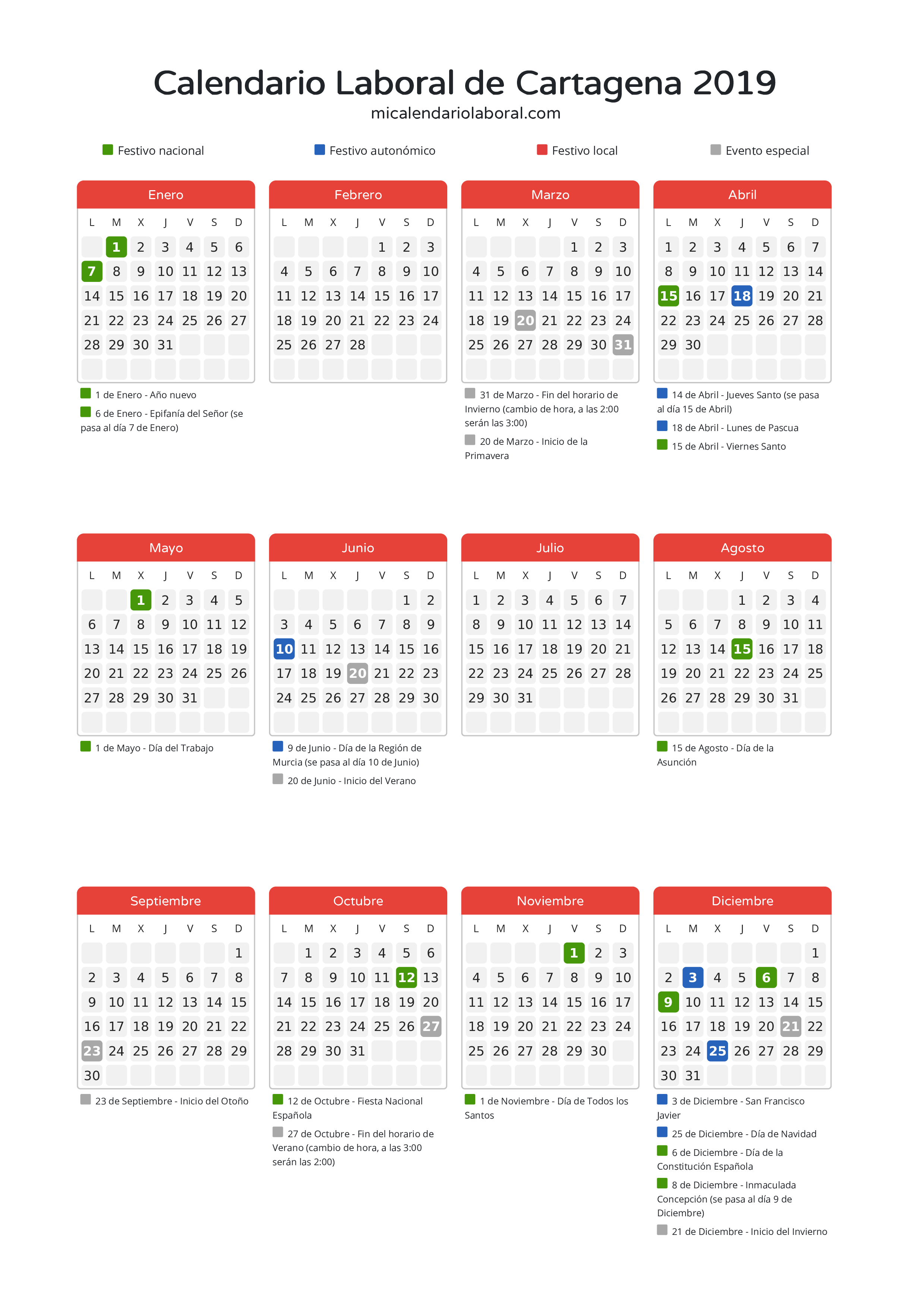 Calendario Laboral de Cartagena 2019 - Días festivos - Descubre todos los festivos, días no laborables y días inhábiles en el calendario de Cartagena propuestos por Gobierno de la Región Murcia. Organiza tus vacaciones y puentes en 2019.
