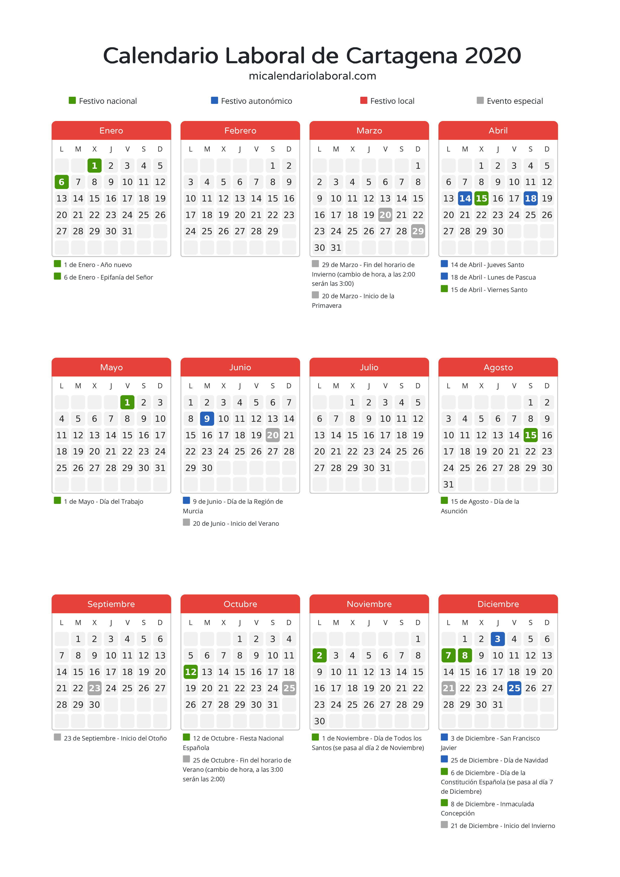 Calendario Laboral de Cartagena 2020 - Días festivos - Descubre todos los festivos, días no laborables y días inhábiles en el calendario de Cartagena propuestos por Gobierno de la Región Murcia. Organiza tus vacaciones y puentes en 2020.