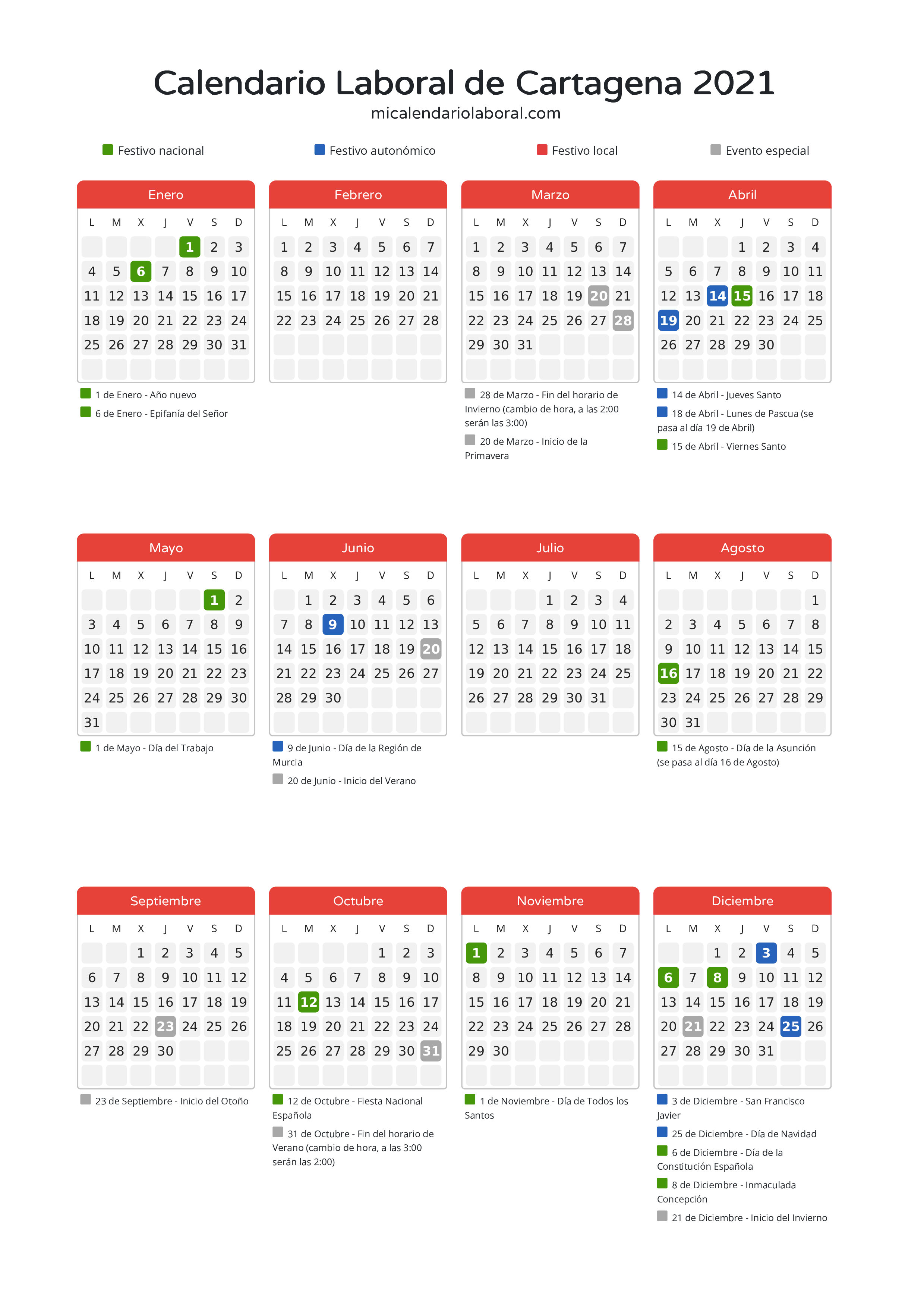 Calendario Laboral de Cartagena 2021 - Días festivos - Descubre todos los festivos, días no laborables y días inhábiles en el calendario de Cartagena propuestos por Gobierno de la Región Murcia. Organiza tus vacaciones y puentes en 2021.