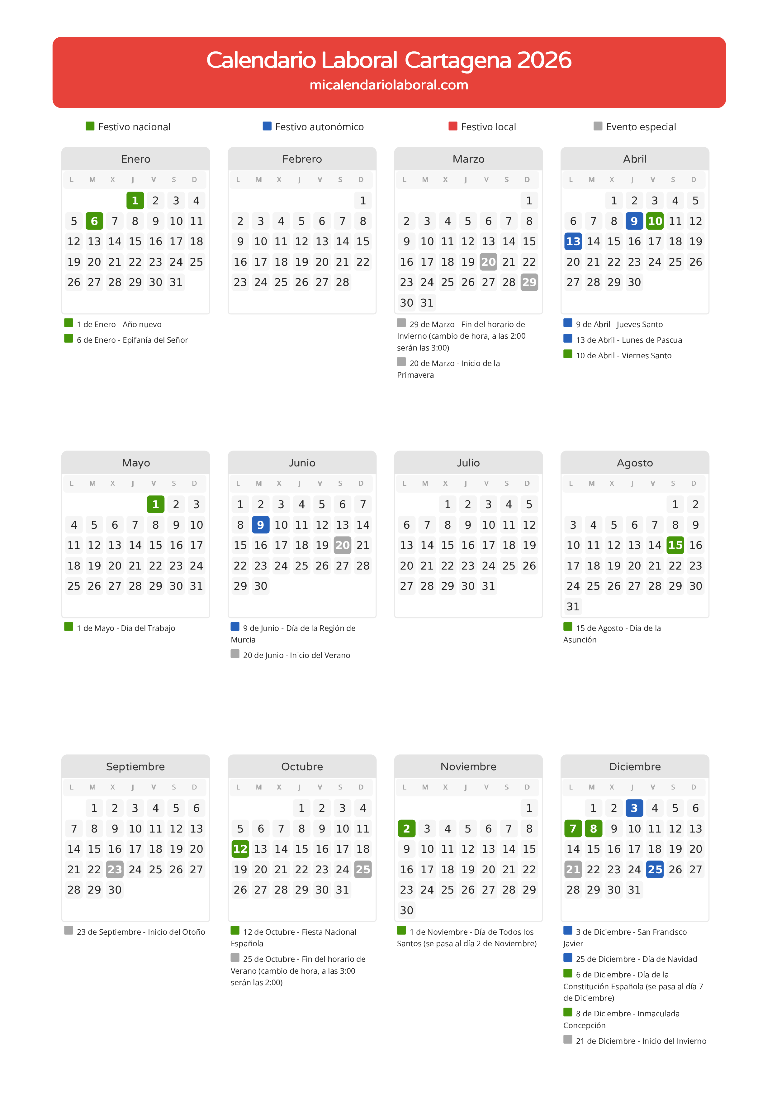 Calendario Laboral de Cartagena 2026 - Días festivos - Todos los festivos y días no laborables del calendario de Cartagena propuestos por Gobierno de la Región Murcia. Organiza tus vacaciones y puentes en 2026.