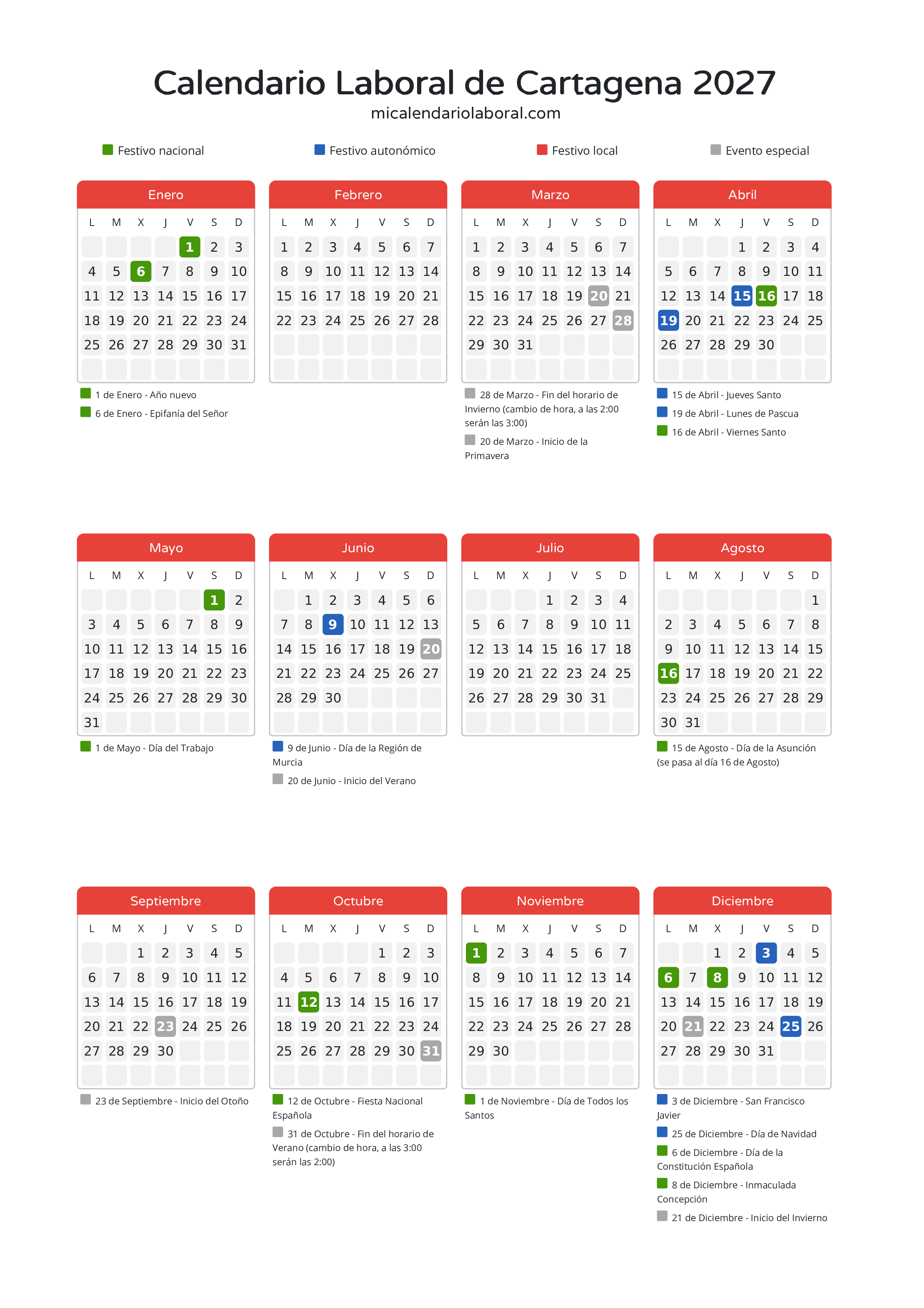 Calendario Laboral de Cartagena 2027 - Días festivos - Descubre todos los festivos, días no laborables y días inhábiles en el calendario de Cartagena propuestos por Gobierno de la Región Murcia. Organiza tus vacaciones y puentes en 2027.