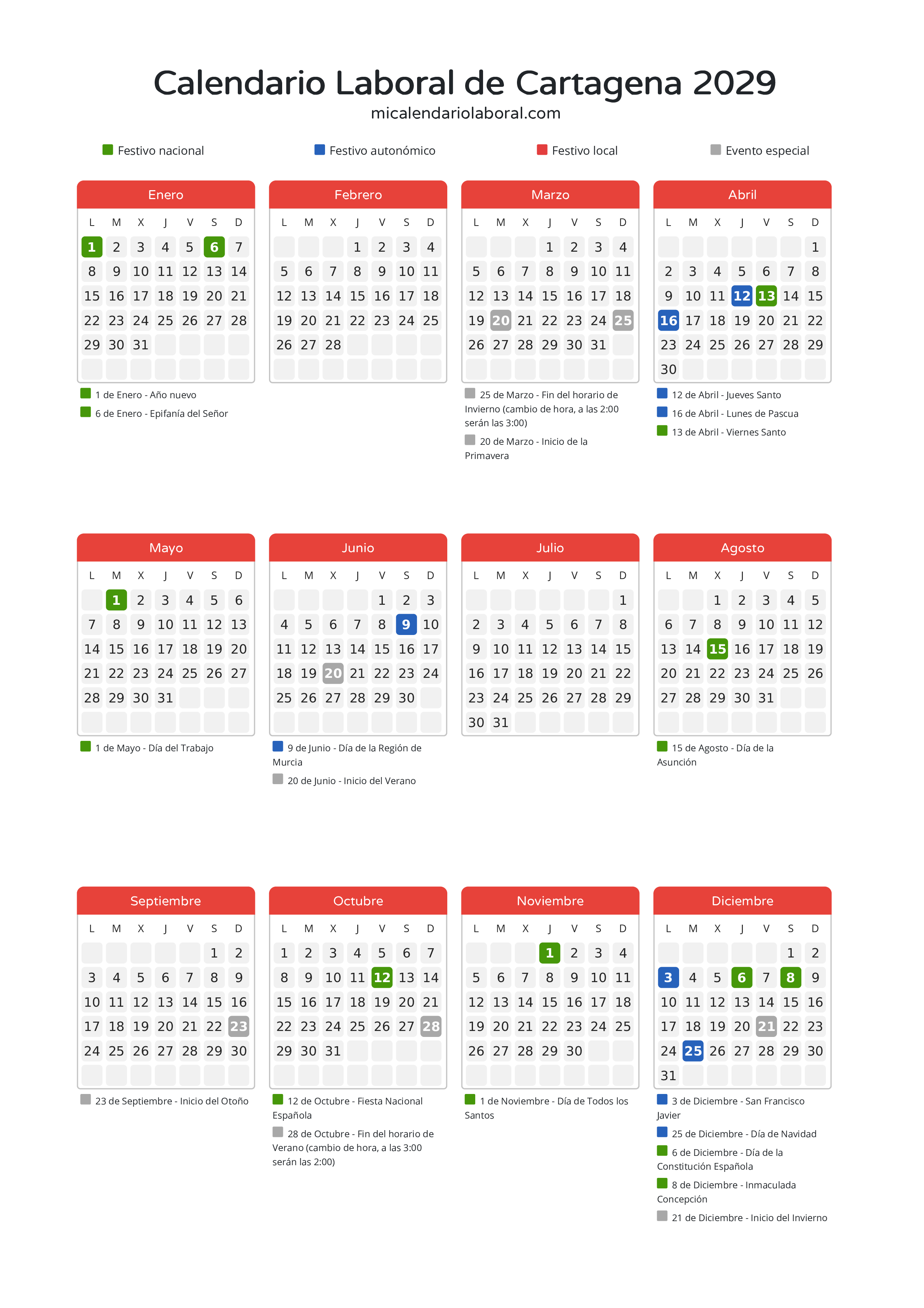 Calendario Laboral de Cartagena 2029 - Días festivos - Descubre todos los festivos, días no laborables y días inhábiles en el calendario de Cartagena propuestos por Gobierno de la Región Murcia. Organiza tus vacaciones y puentes en 2029.