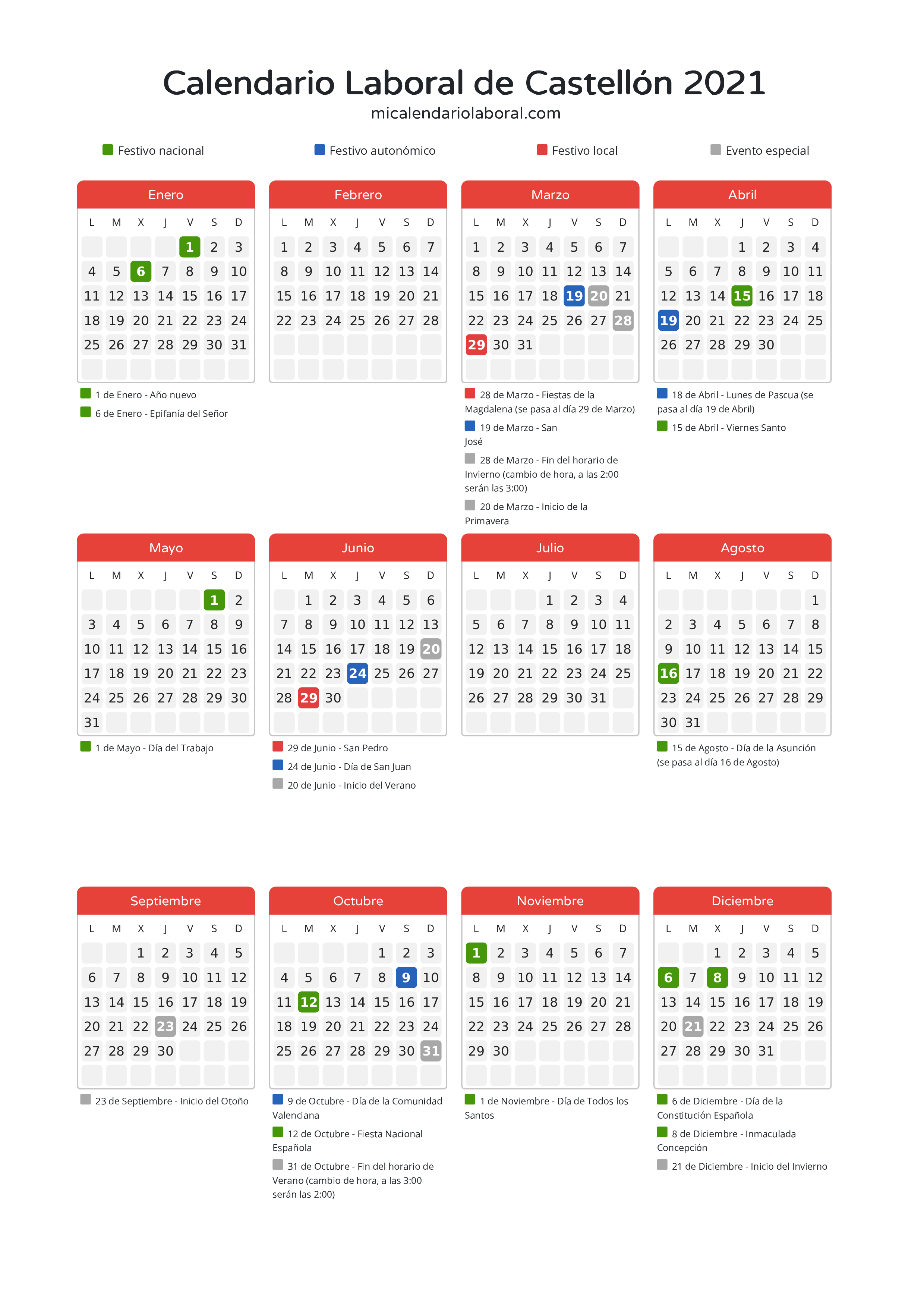 Calendario Laboral de Castellón 2021 - Días festivos - Descubre todos los festivos, días no laborables y días inhábiles en el calendario de la provincia de Castellón propuestos por Generalitat Valenciana. Anticípate a los eventos y organiza tus vacaciones y puentes en 2021.