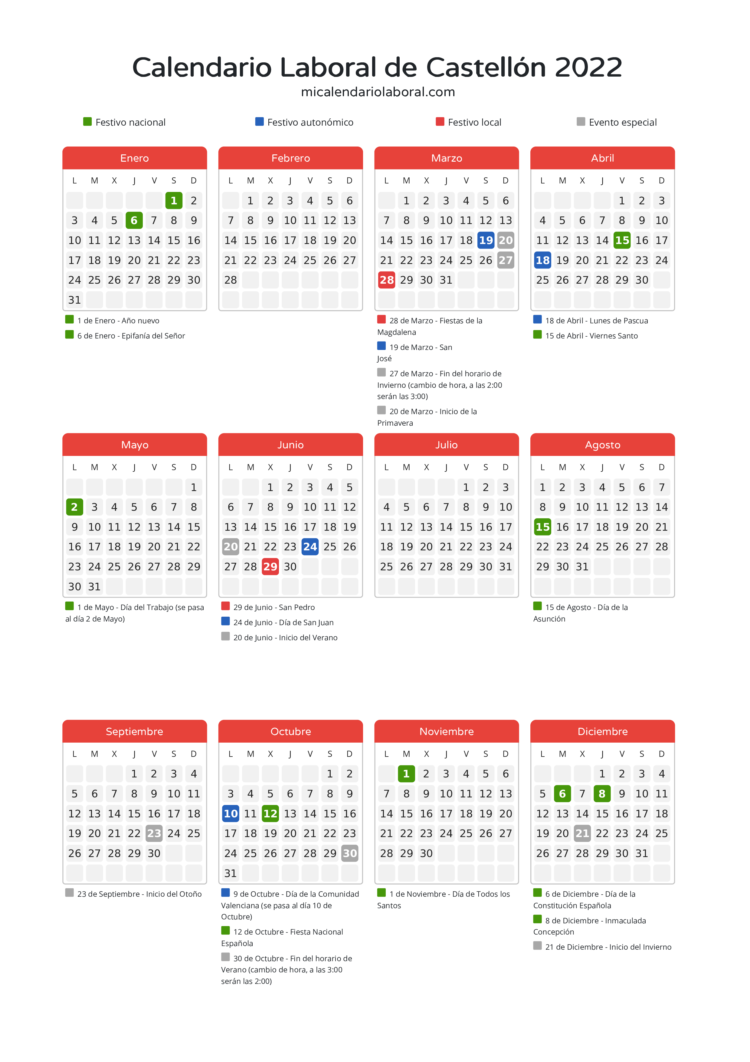 Calendario Laboral de Castellón 2022 - Días festivos - Descubre todos los festivos, días no laborables y días inhábiles en el calendario de la provincia de Castellón propuestos por Generalitat Valenciana. Anticípate a los eventos y organiza tus vacaciones y puentes en 2022.