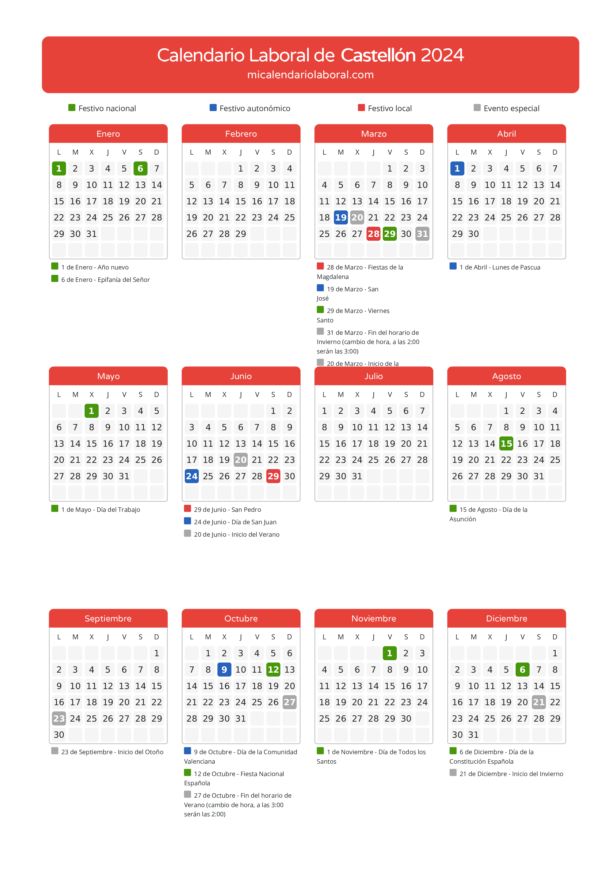 Calendario Laboral de Castellón 2024 - Días festivos - Descubre todos los festivos, días no laborables y días inhábiles en el calendario de la provincia de Castellón propuestos por Generalitat Valenciana. Anticípate a los eventos y organiza tus vacaciones y puentes en 2024.