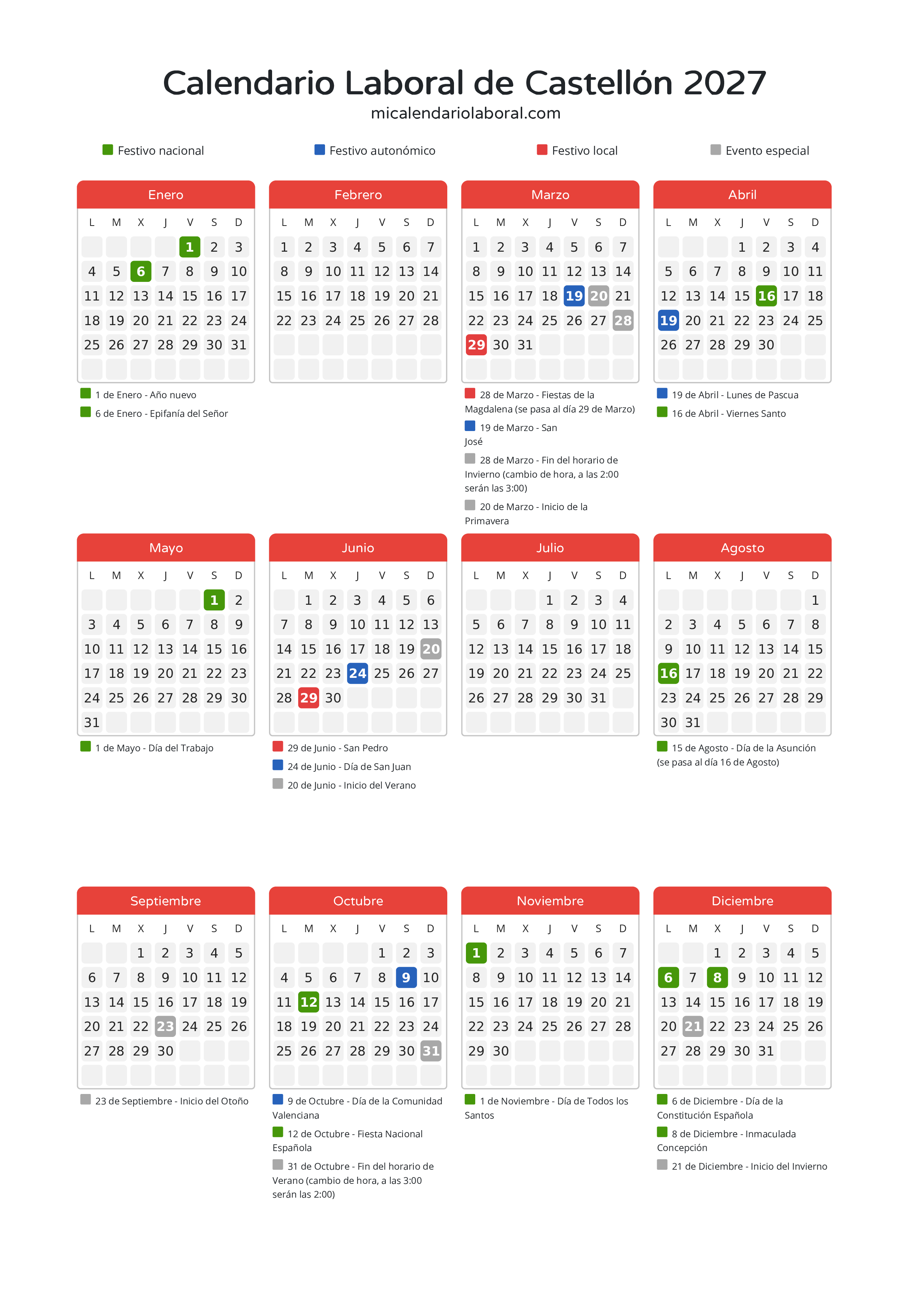 Calendario Laboral de Castellón 2027 - Días festivos - Descubre todos los festivos, días no laborables y días inhábiles en el calendario de la provincia de Castellón propuestos por Generalitat Valenciana. Anticípate a los eventos y organiza tus vacaciones y puentes en 2027.