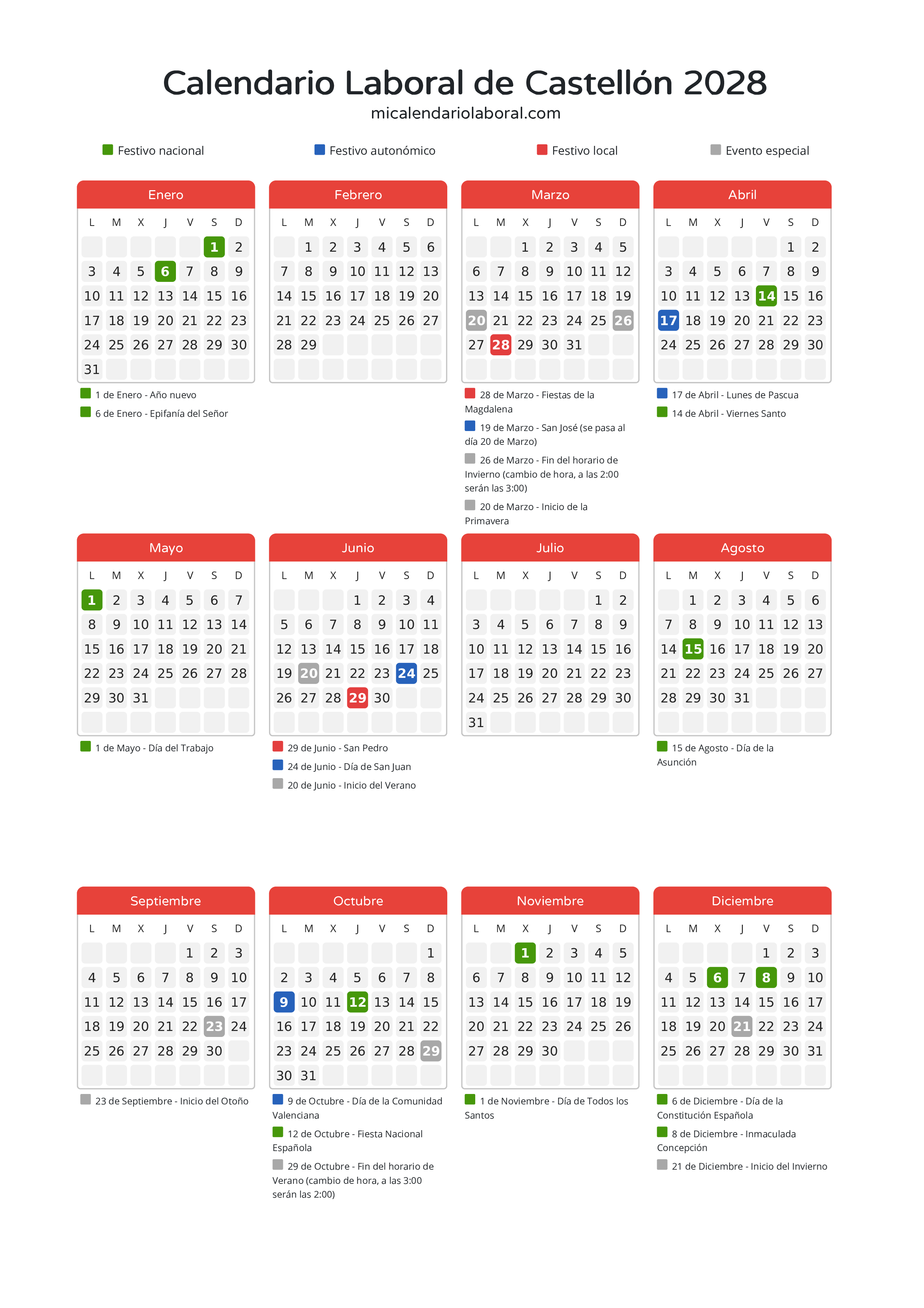 Calendario Laboral de Castellón 2028 - Días festivos - Descubre todos los festivos, días no laborables y días inhábiles en el calendario de la provincia de Castellón propuestos por Generalitat Valenciana. Anticípate a los eventos y organiza tus vacaciones y puentes en 2028.