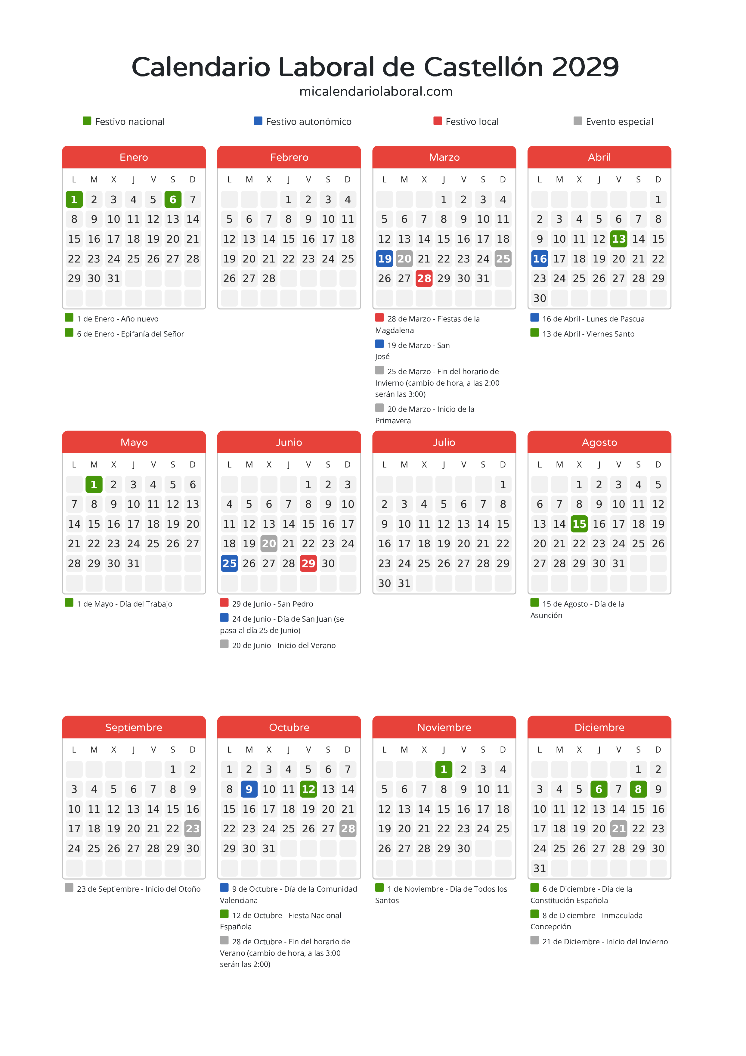 Calendario Laboral de Castellón 2029 - Días festivos - Descubre todos los festivos, días no laborables y días inhábiles en el calendario de la provincia de Castellón propuestos por Generalitat Valenciana. Anticípate a los eventos y organiza tus vacaciones y puentes en 2029.