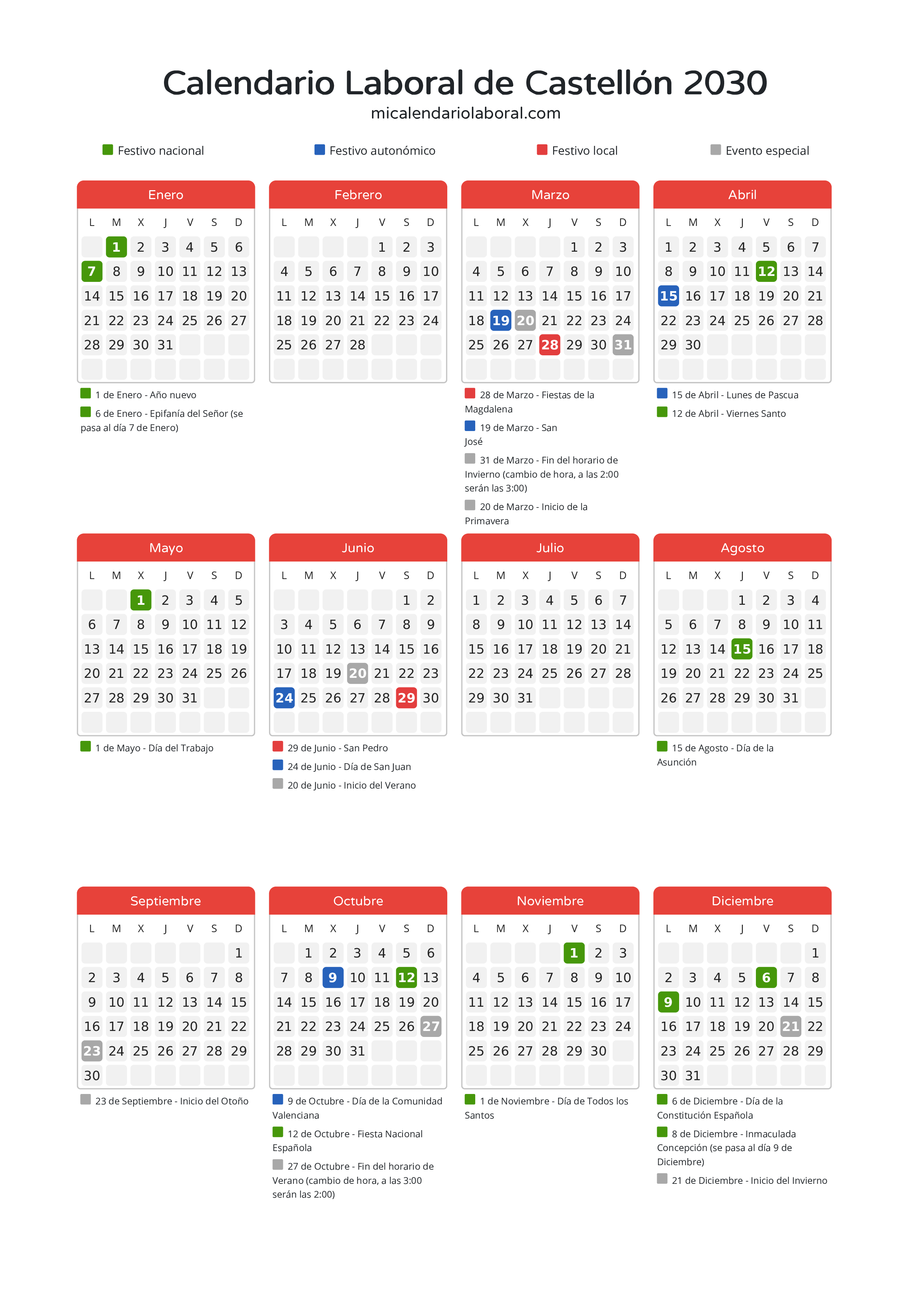 Calendario Laboral de Castellón 2030 - Días festivos - Todos los festivos y días no laborables del calendario de Castellón propuestos por Generalitat Valenciana. Organiza tus vacaciones y puentes en 2030.