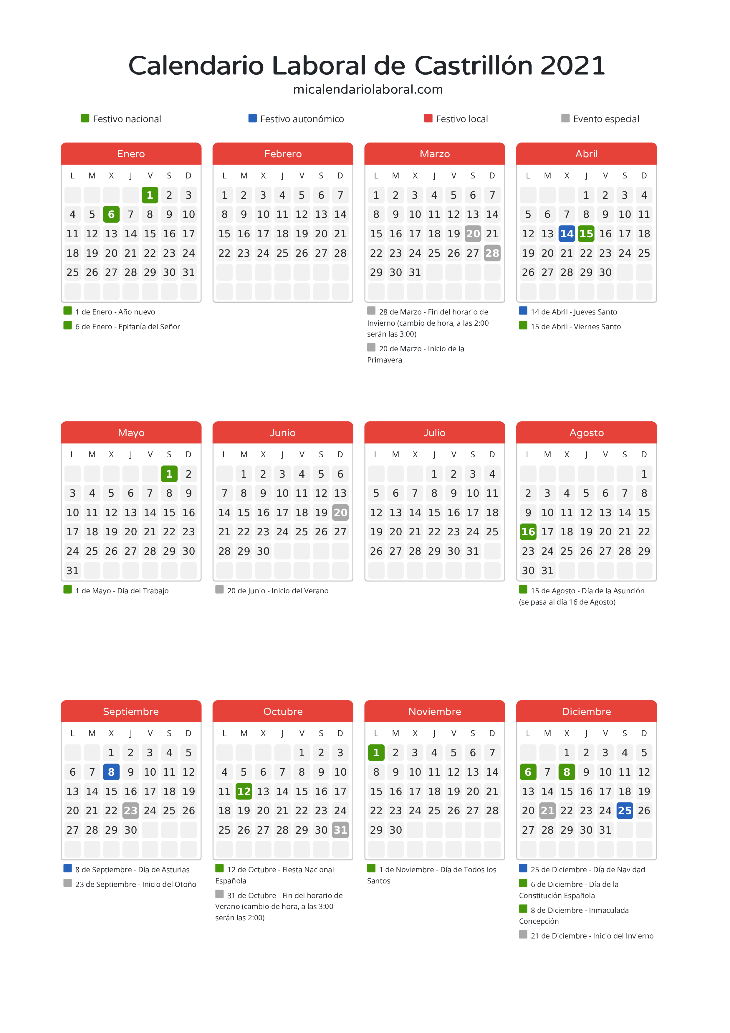 Calendario Laboral de Castrillón 2021 - Días festivos - Descubre todos los festivos, días no laborables y días inhábiles en el calendario de Castrillón propuestos por Gobierno del Principado de Asturias. Organiza tus vacaciones y puentes en 2021.