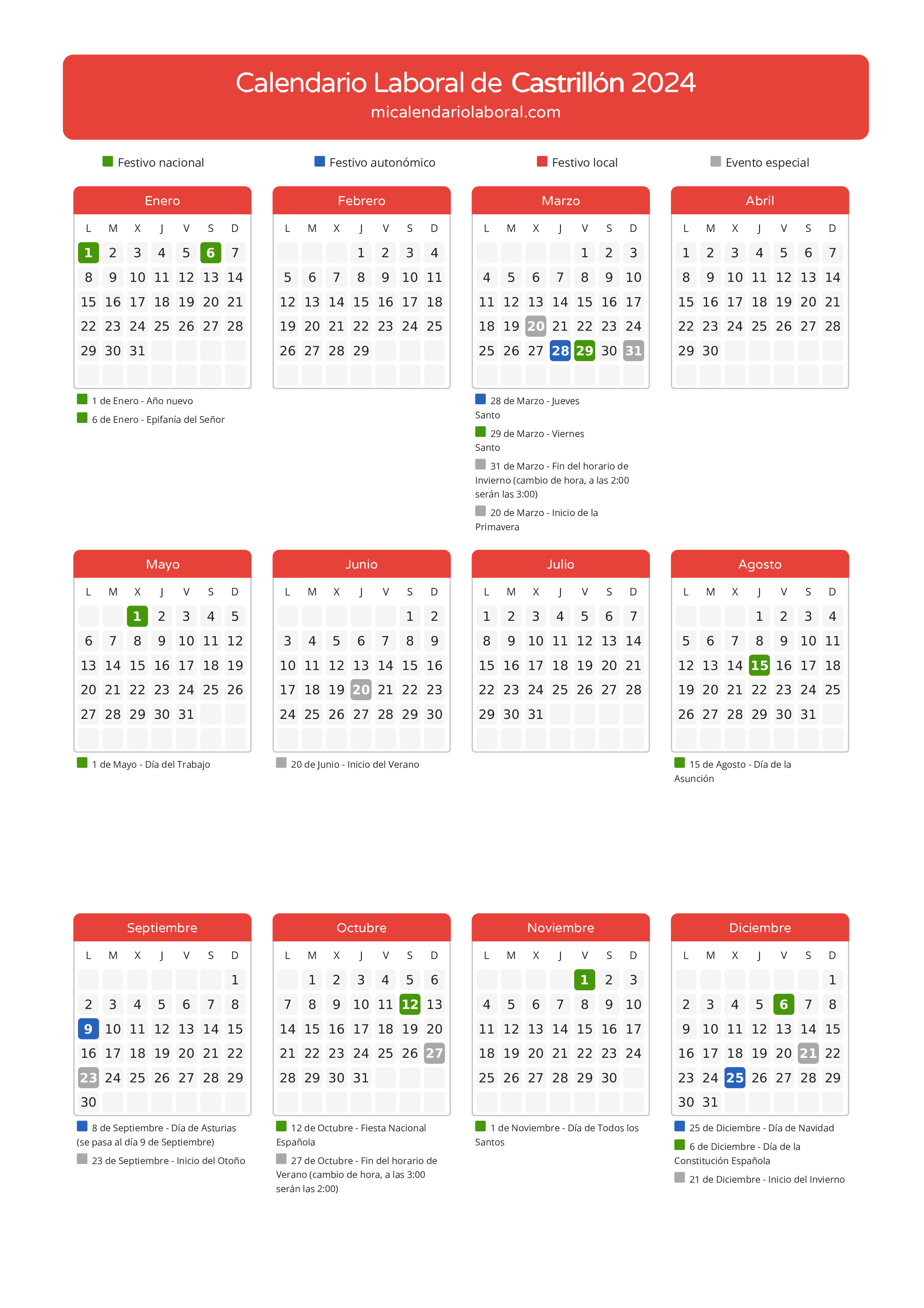 Calendario Laboral de Castrillón 2024 - Días festivos - Descubre todos los festivos, días no laborables y días inhábiles en el calendario de la provincia de Castrillón propuestos por Gobierno del Principado de Asturias. Anticípate a los eventos y organiza tus vacaciones y puentes en 2024.