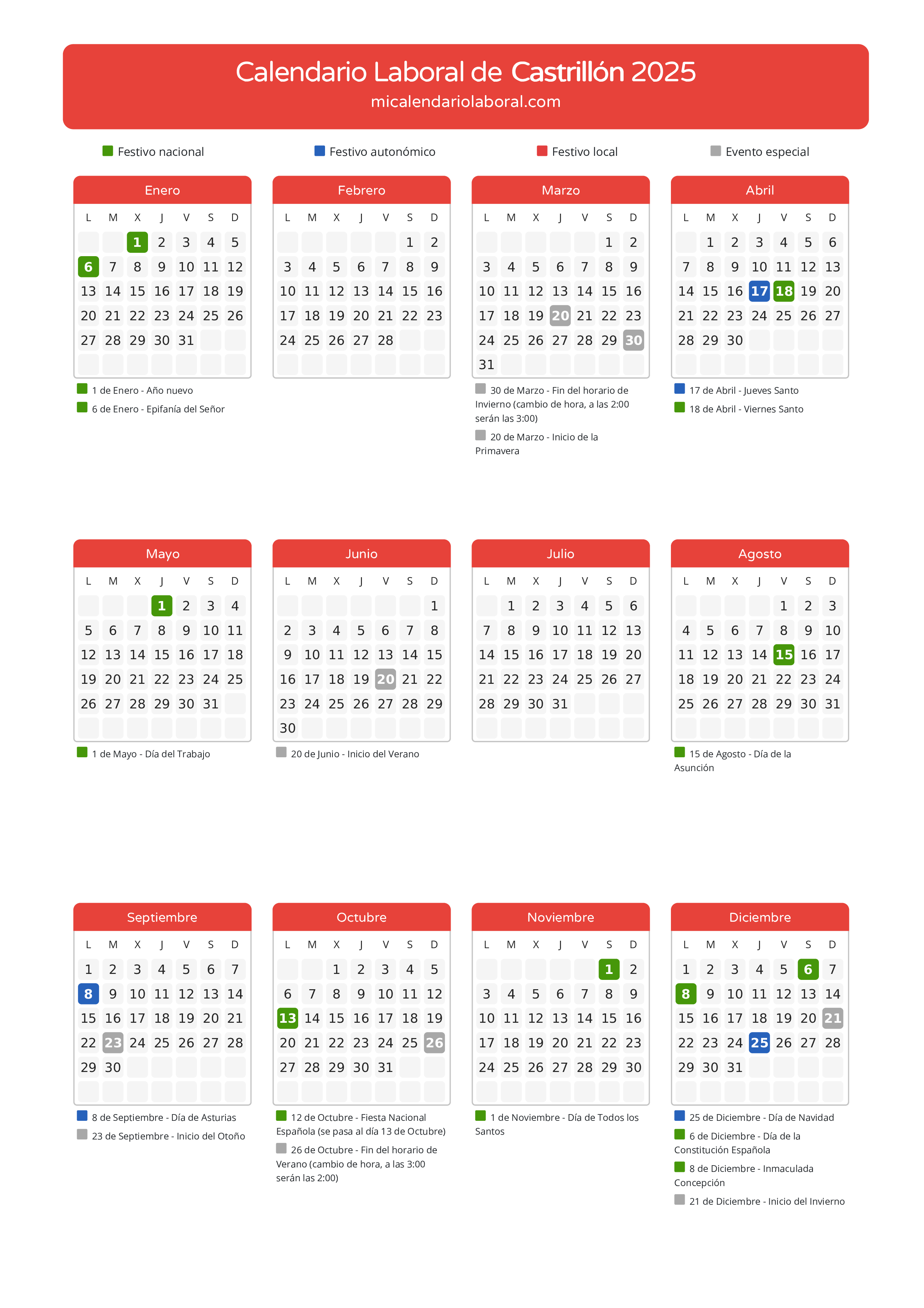 Calendario Laboral de Castrillón 2025 - Días festivos - Descubre todos los festivos, días no laborables y días inhábiles en el calendario de la provincia de Castrillón propuestos por Gobierno del Principado de Asturias. Anticípate a los eventos y organiza tus vacaciones y puentes en 2025.